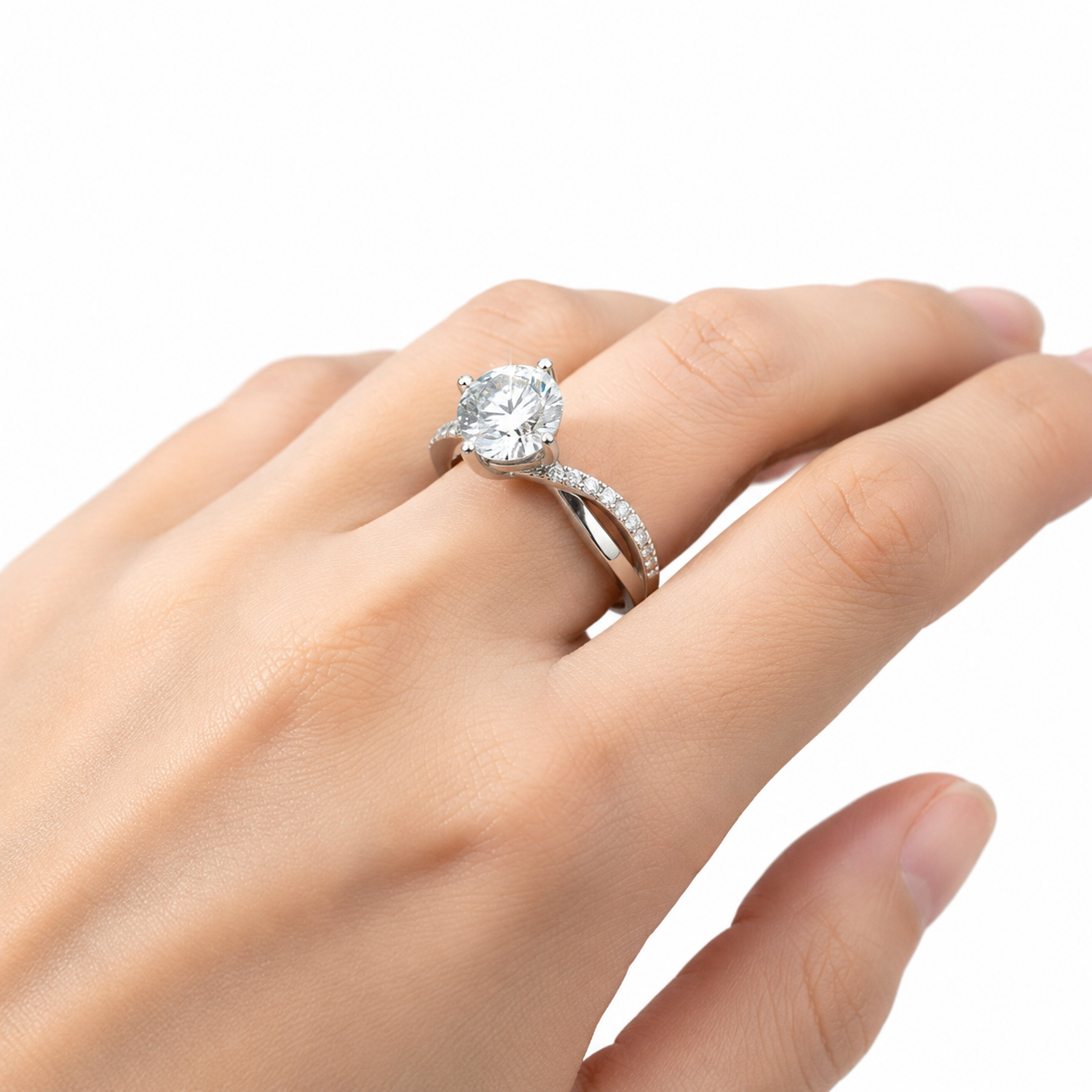925 Sterling Silver Round Moissanite Twisted Band Ring - view 2 on white background