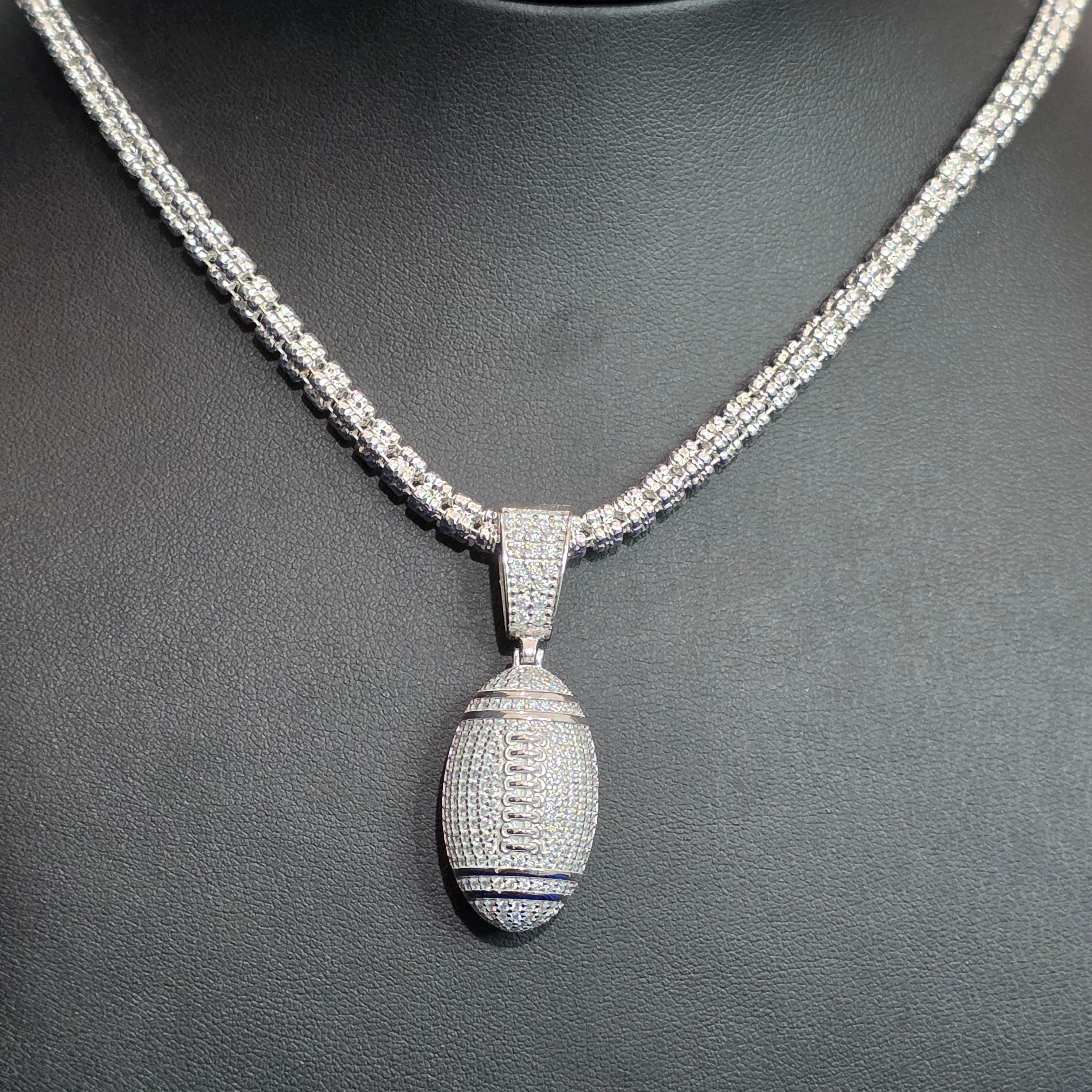 Silver Moissanite Football Pendant with Chain Combo