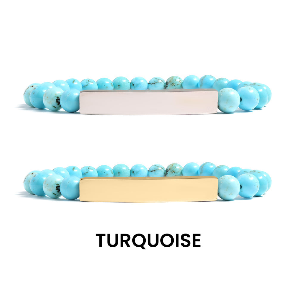 18K Gold PVD Stainless Steel Semi Precious Natural Stone Stretch Curved Bar Bracelet. (Engraved)