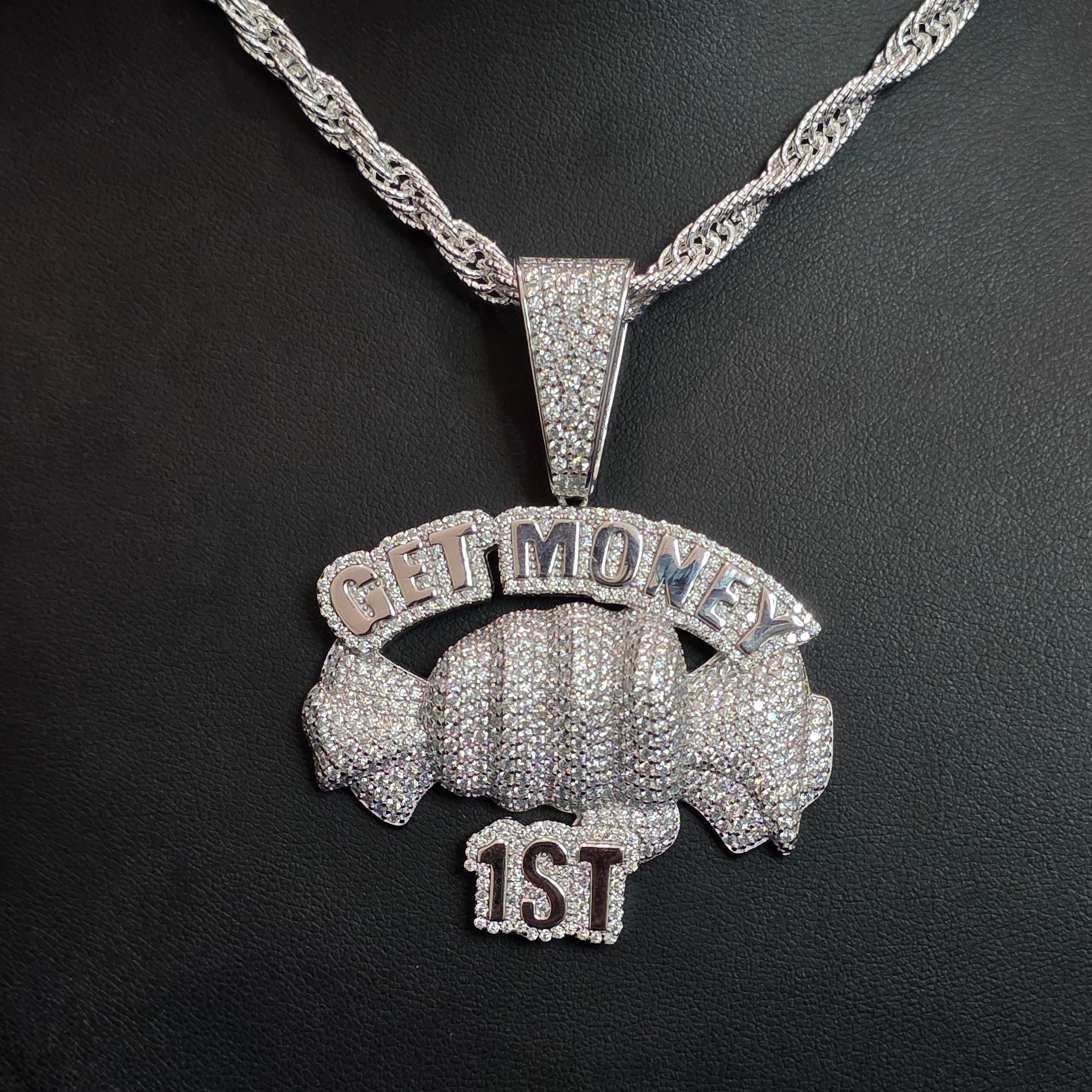 Silver Moissanite Get money 1st Pendant with Chain Combo