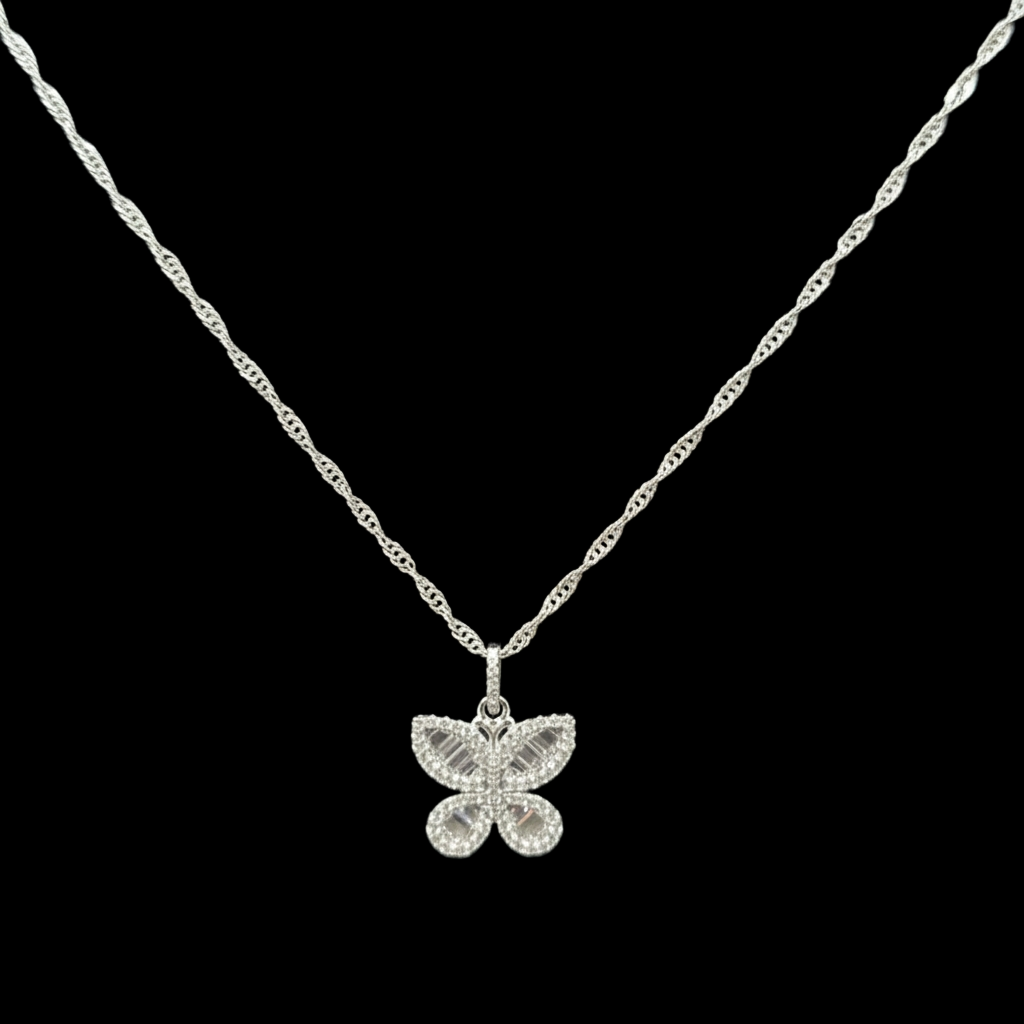 925 Silver Moissanite Butterfly Pendant with 18" Chain.