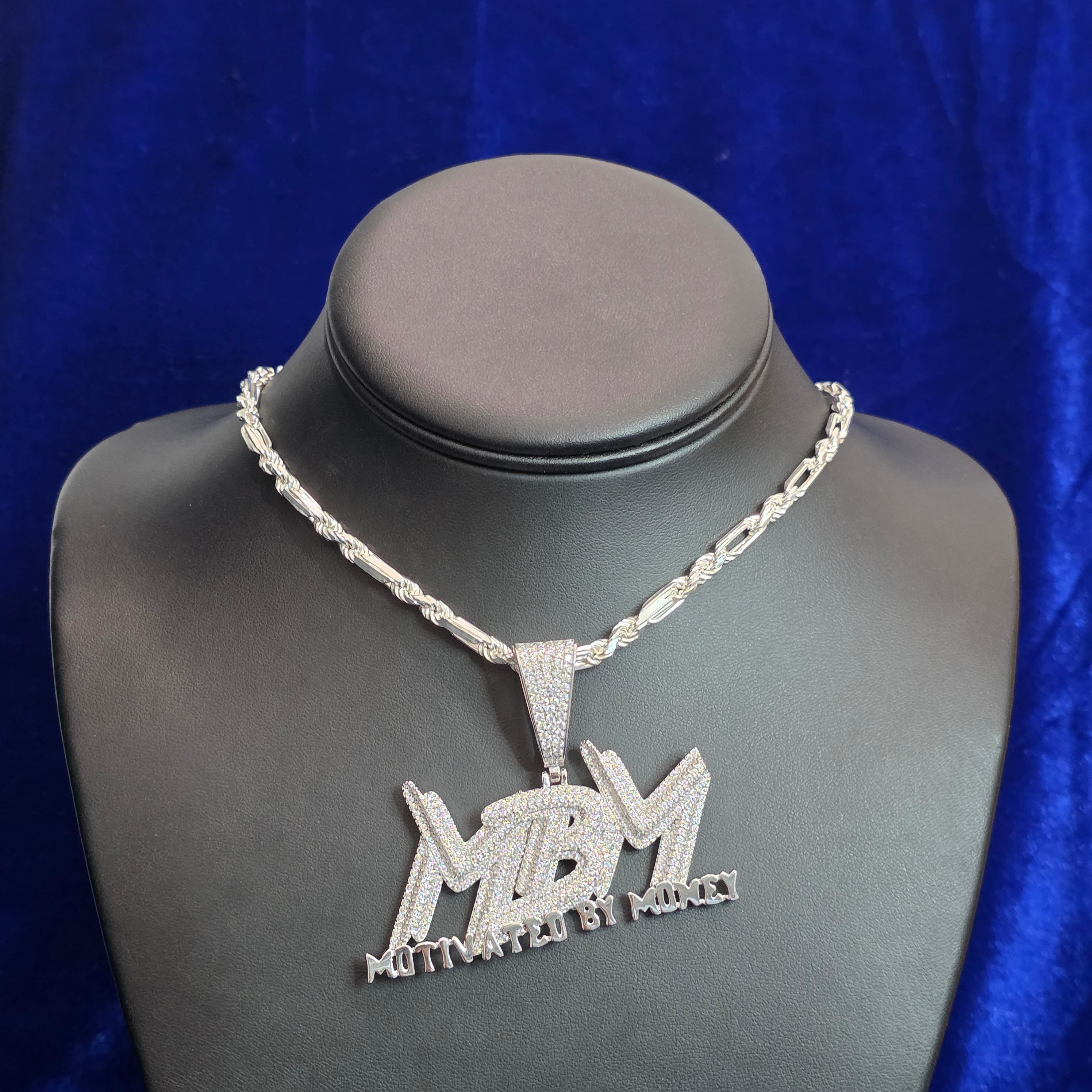 Silver Moissanite MBM (motivated by money) Pendant with Chain Combo