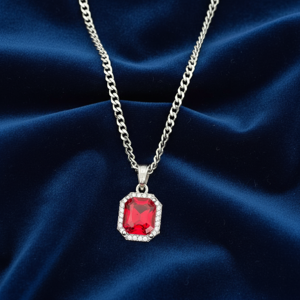 Stainless Steel Ruby Charm with Chain Combo 24" at Flawless Jewelry