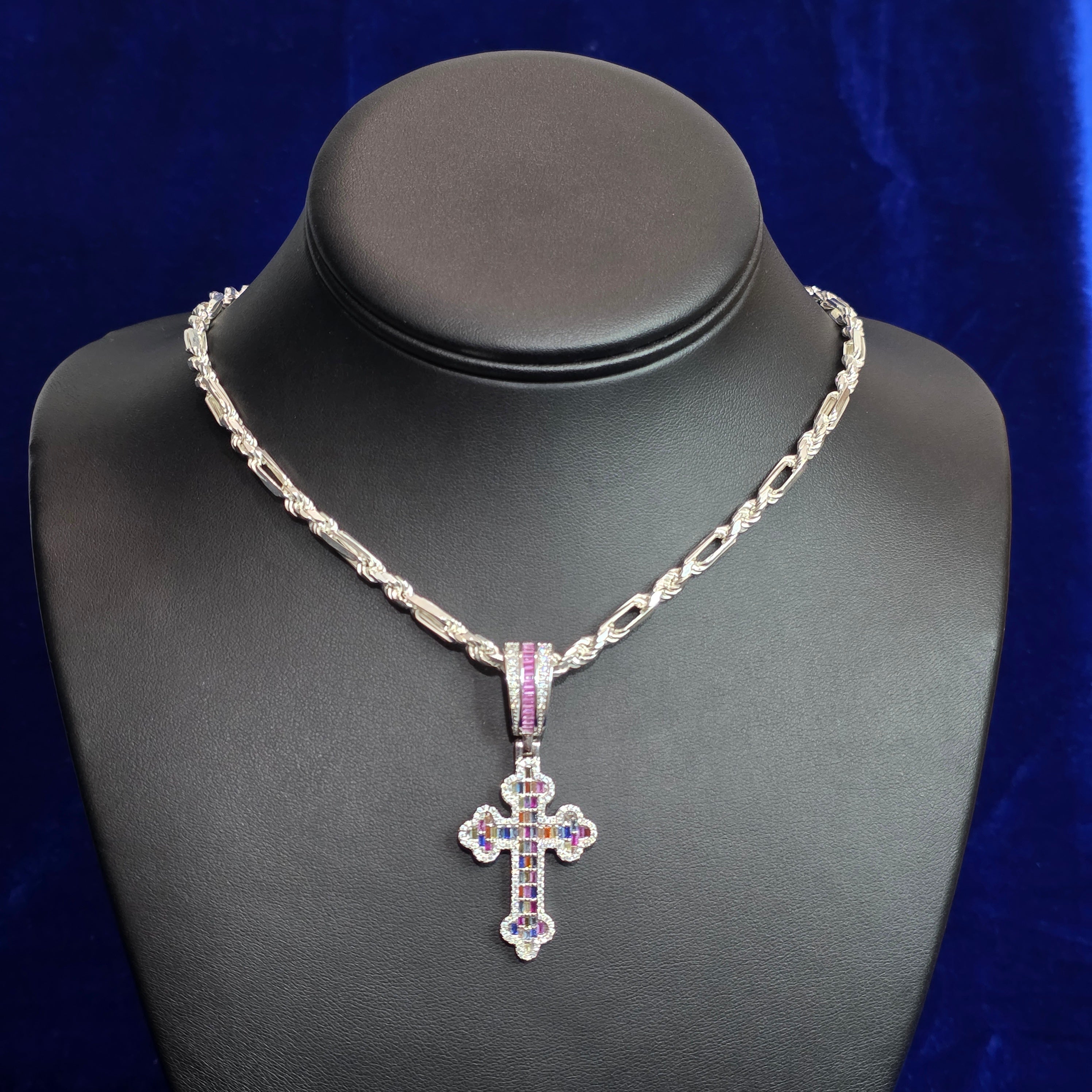 Silver Moissanite Multi Colored Cross Pendant with Chain Combo