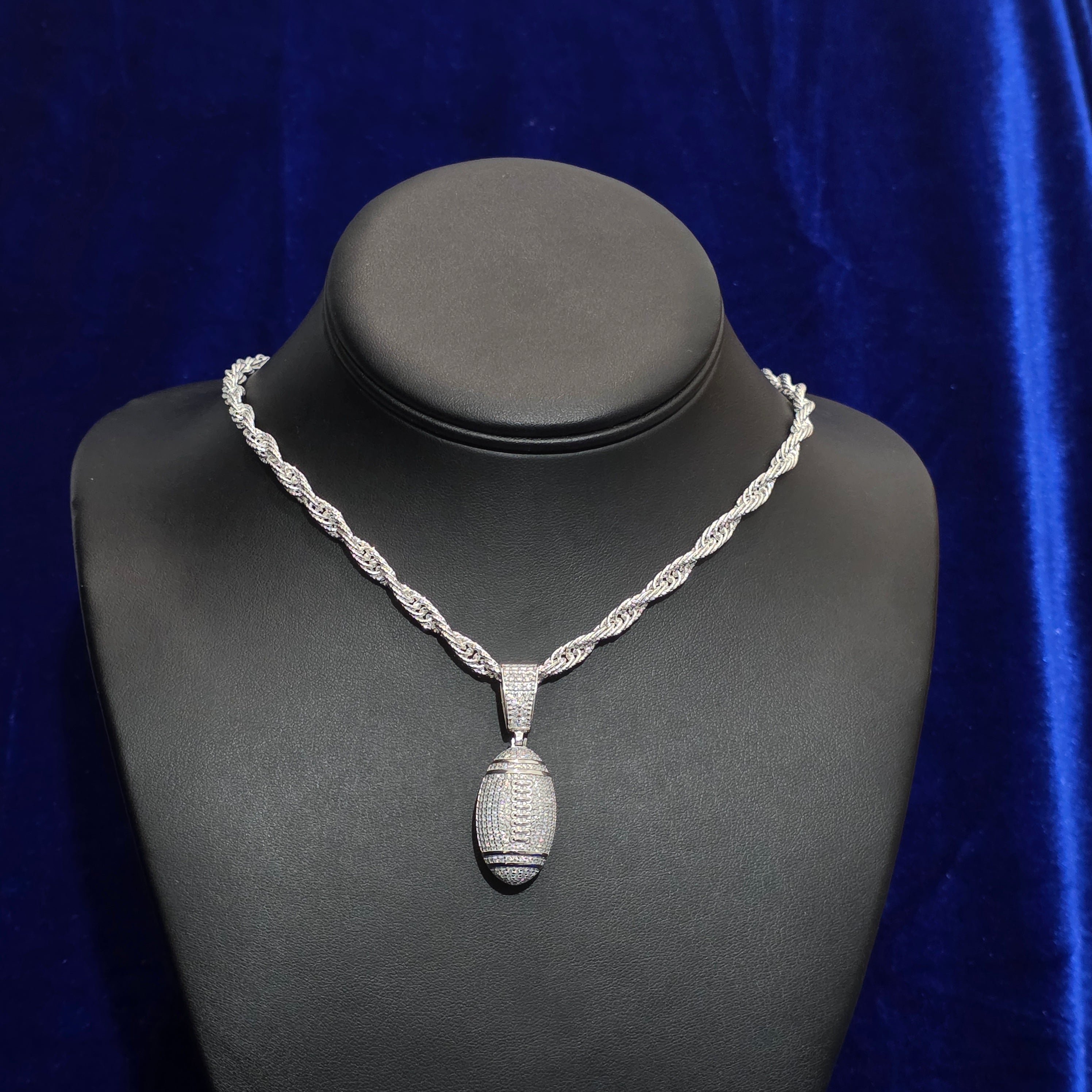 Silver Moissanite Football Pendant with Chain Combo