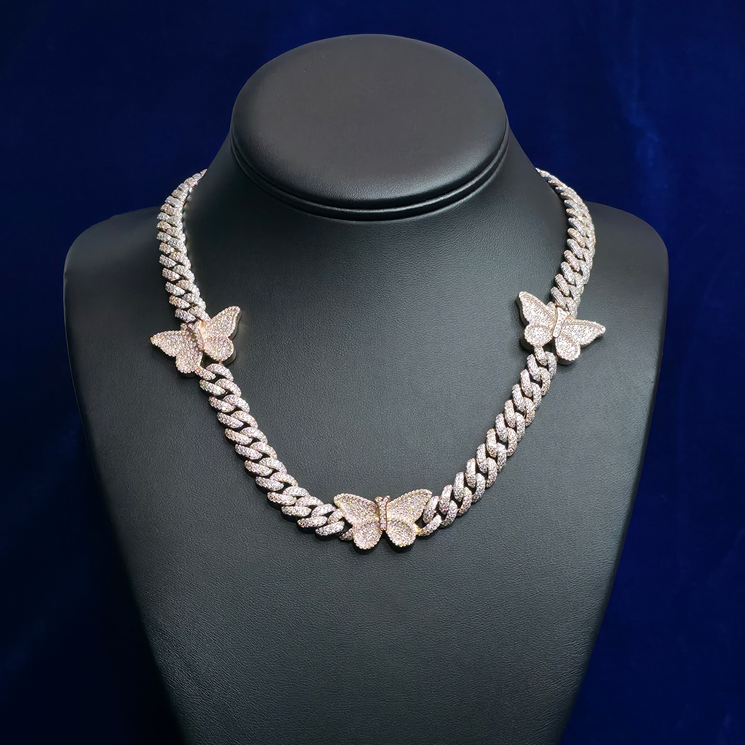 Silver Moissanite Two Tone Butterfly Cuban Necklace