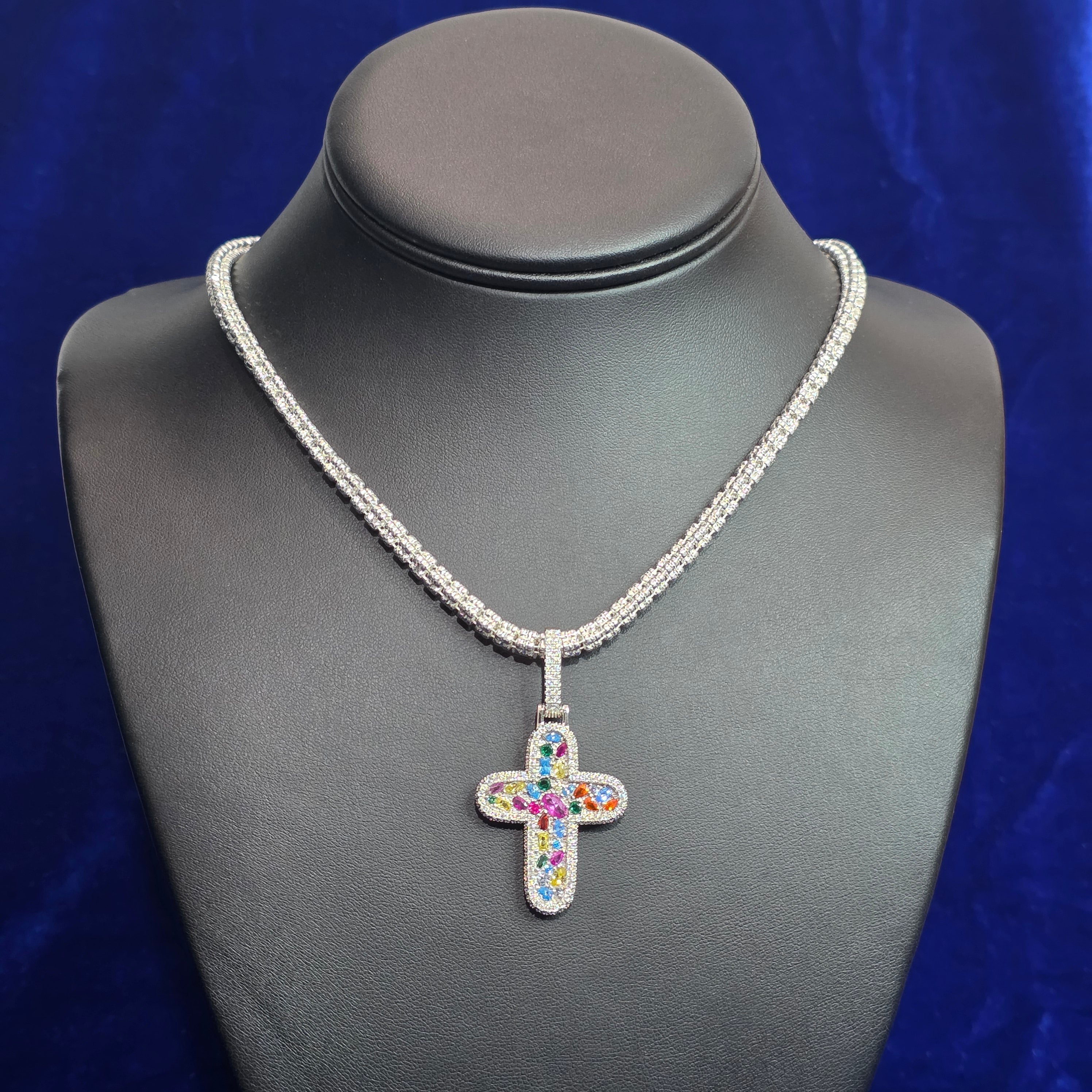Silver Moissanite Multi Colored Cross Pendant with Chain Combo