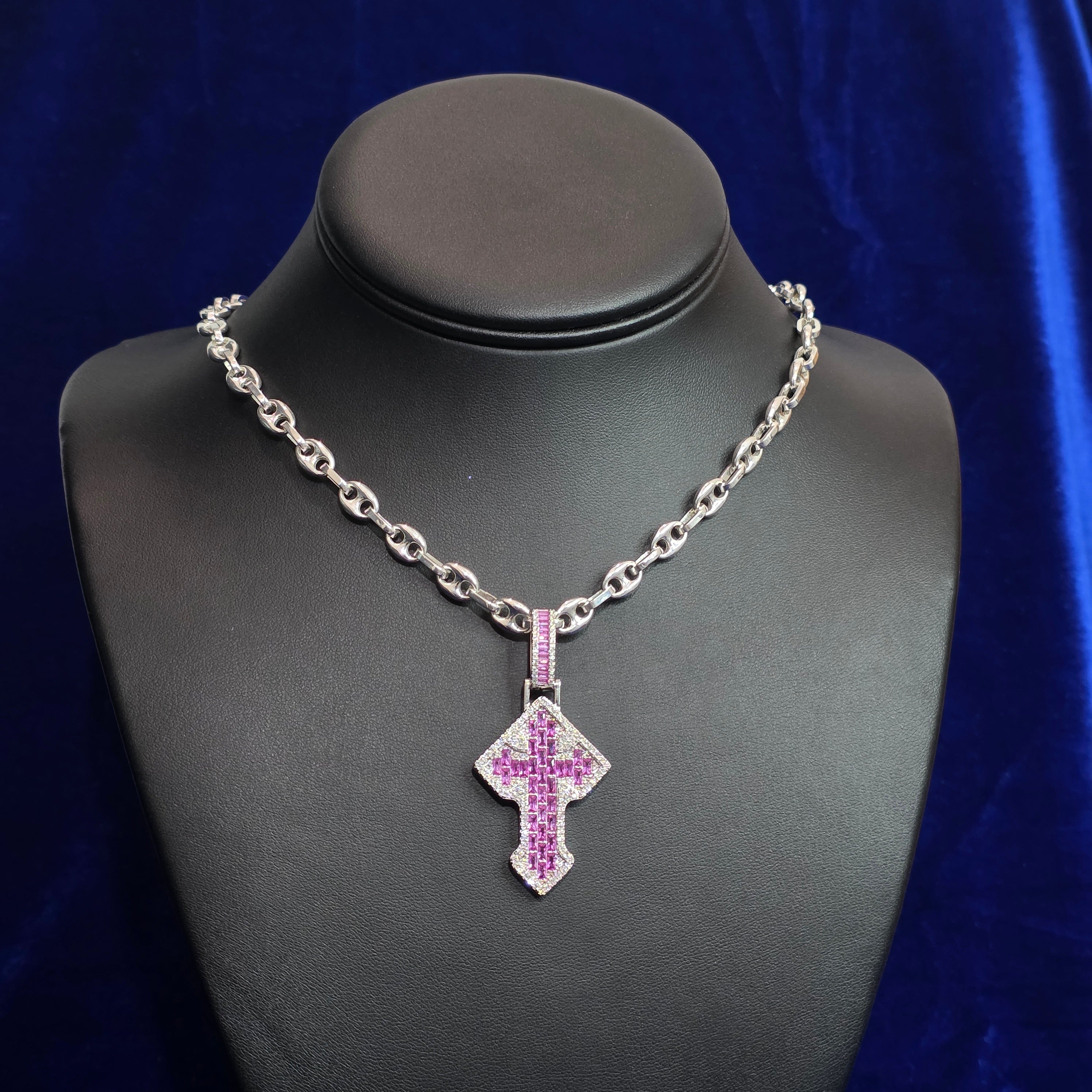 Silver Moissanite Multi Colored Cross Pendant with Chain Combo