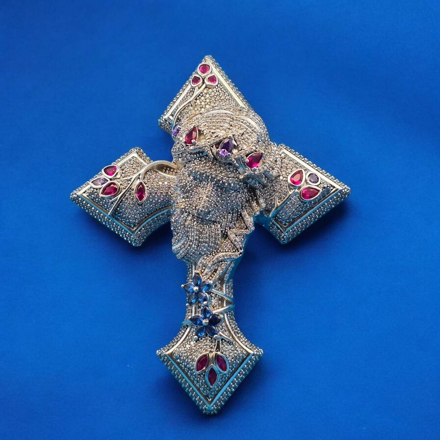 925 Silver Moissanite Jesus Face Cross Pendant 7.40 CTW