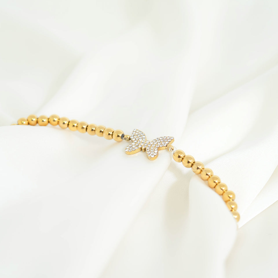 18K Gold PVD Stainless Steel Stone Butterfly Metal Beaded Stretch Bracelet