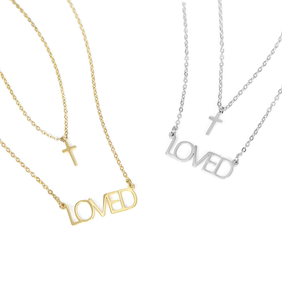 18K Gold PVD Stainless Steel "Loved" Layered Cross Charm Necklace