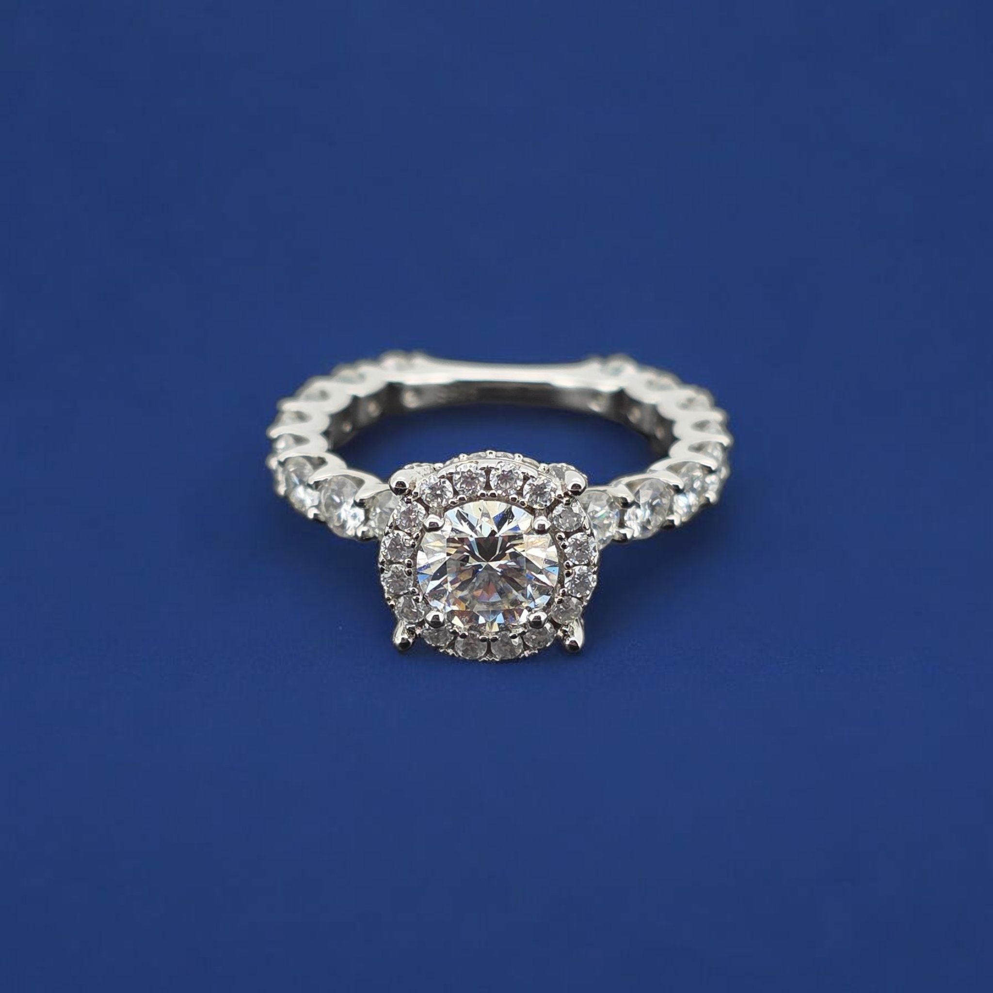 925 Silver Moissanite Round Halo Accented Ring