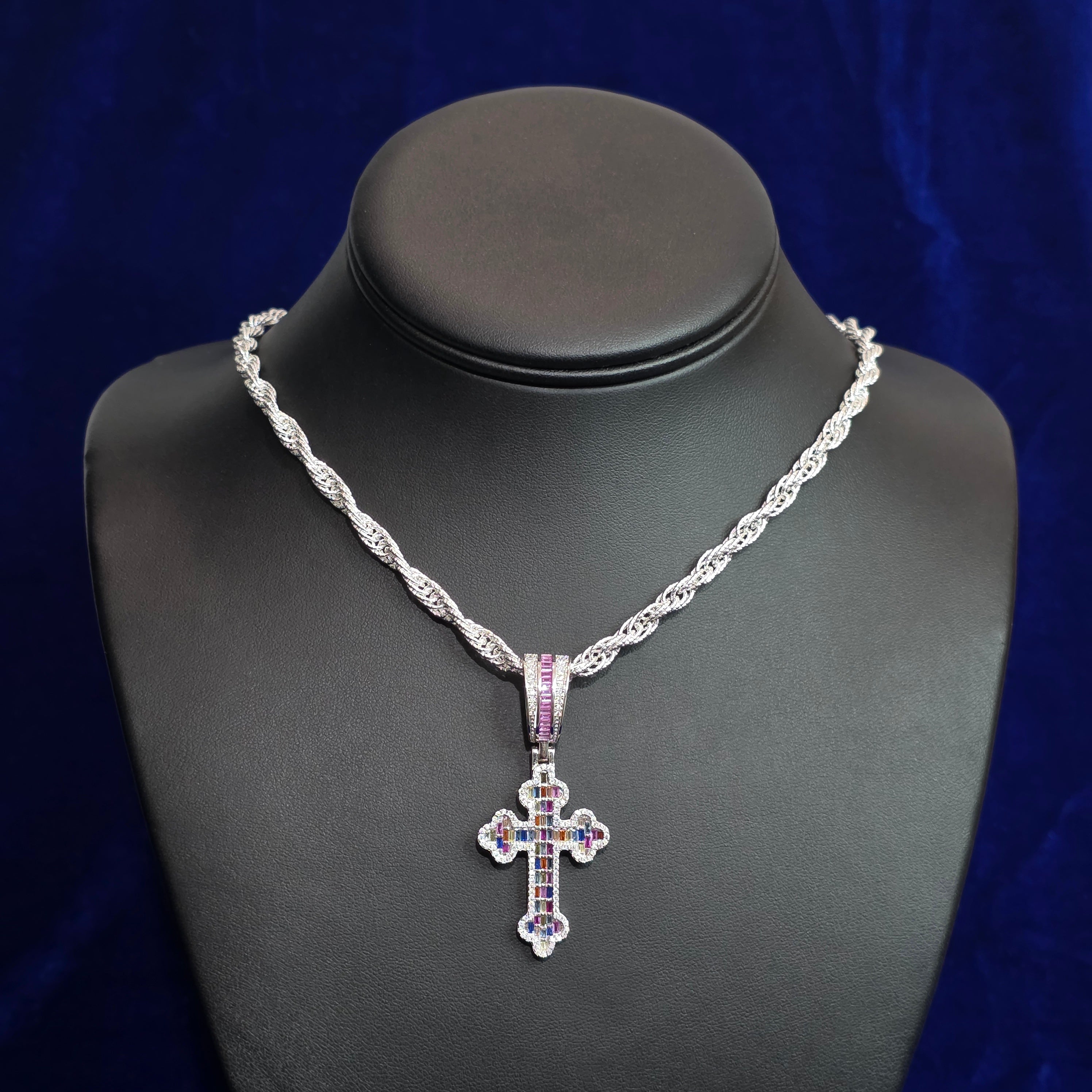 Silver Moissanite Multi Colored Cross Pendant with Chain Combo