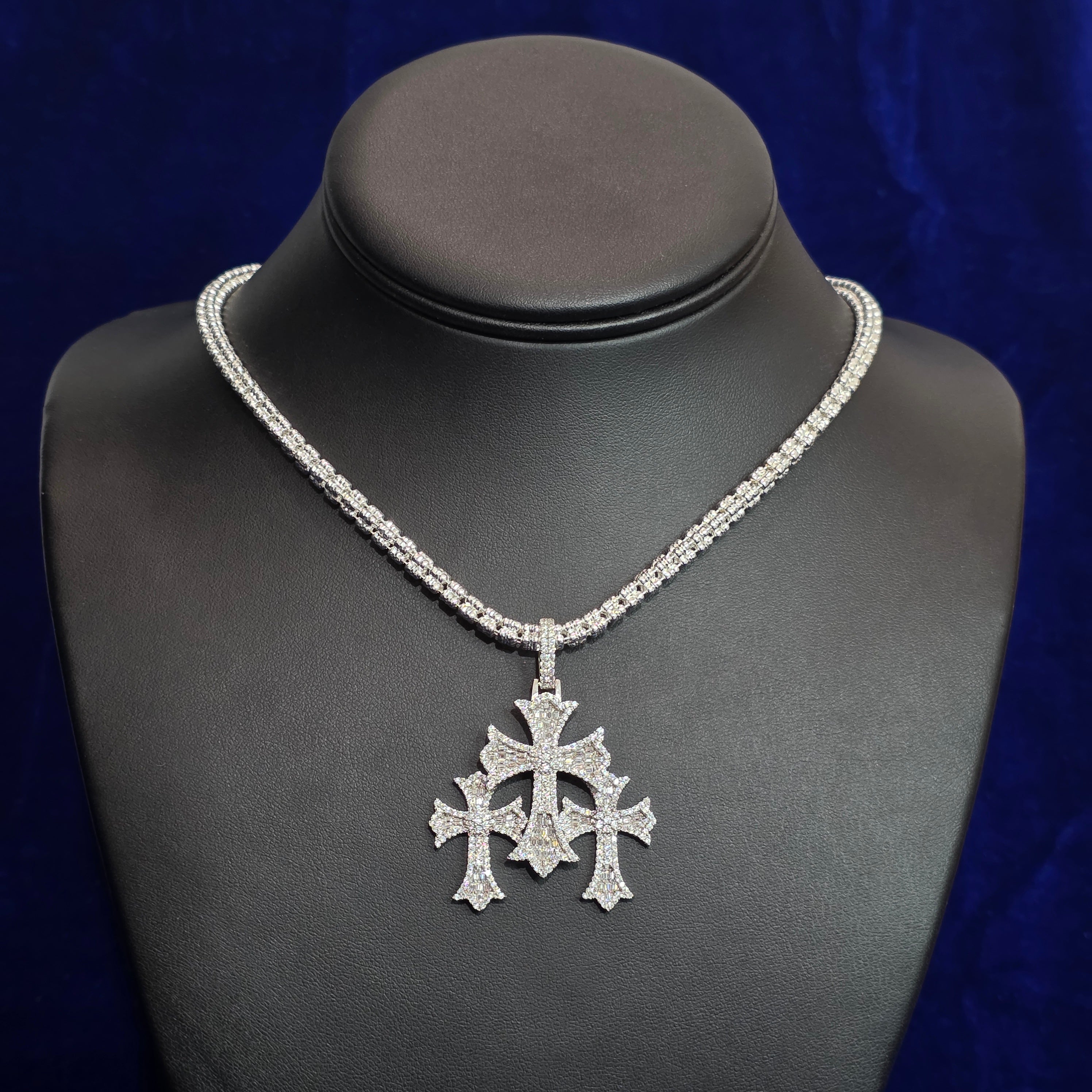 Silver Moissanite Three Cross Pendant with Chain Combo
