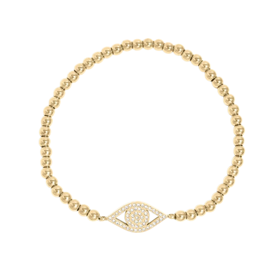 18K Gold PVD Stainless Steel Stone Evil Eye Metal Beaded Stretch Bracelet