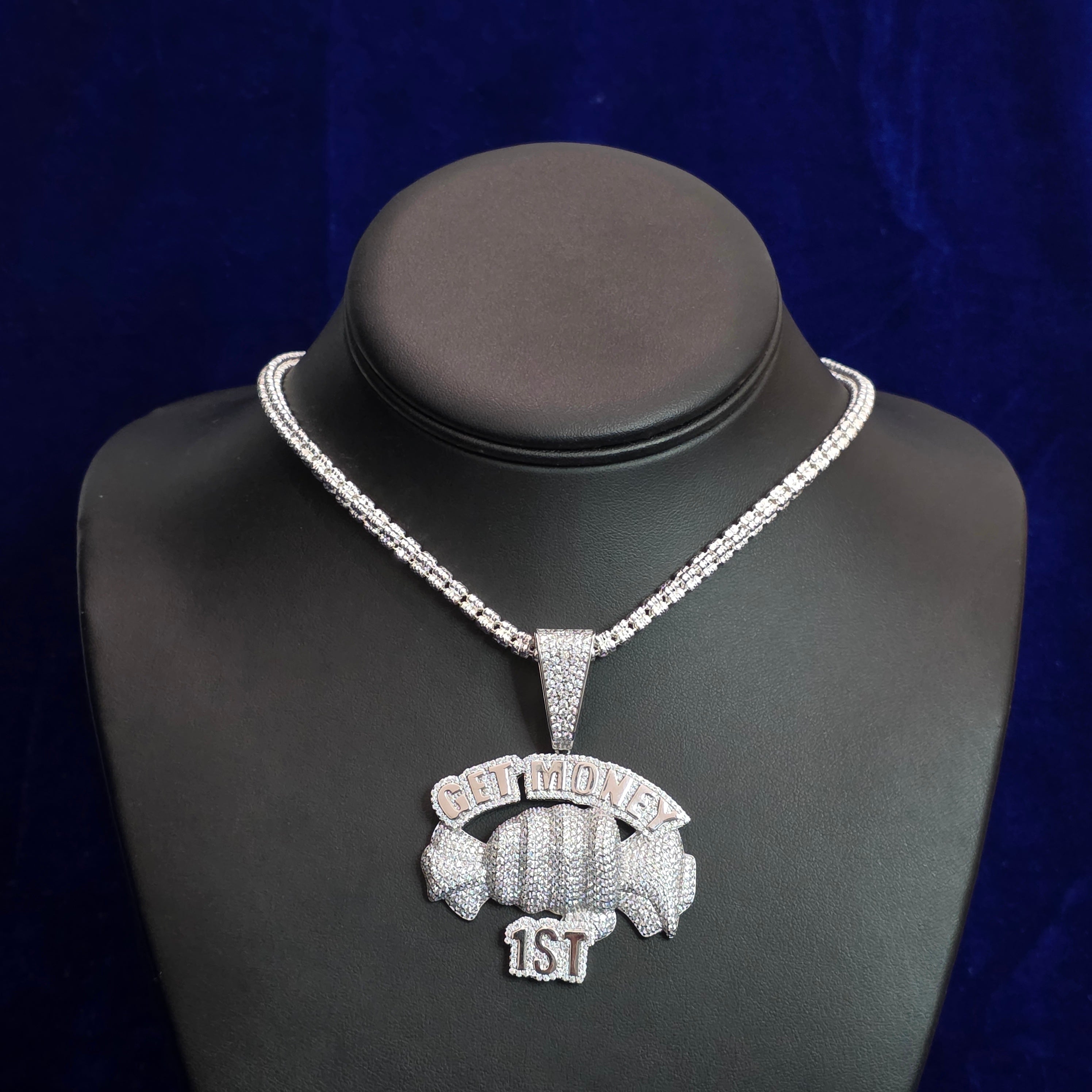 Silver Moissanite Get money 1st Pendant with Chain Combo