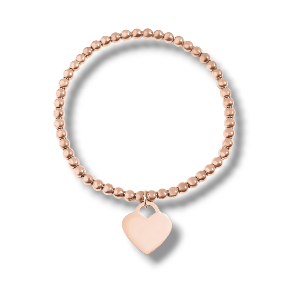 18K Gold PVD Stainless Steel Beaded Heart Stretch Bracelet. (Engraved)