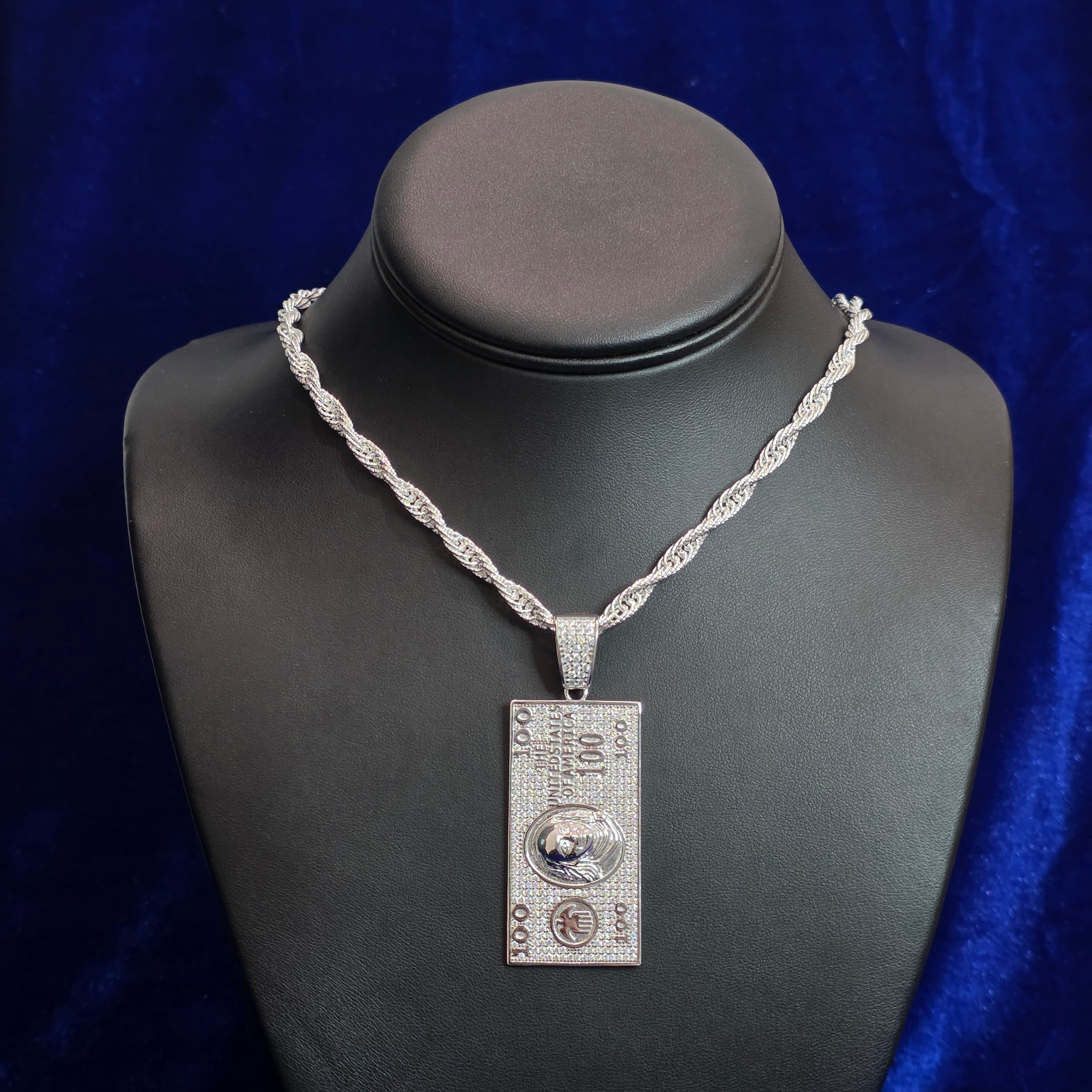 Silver Moissanite "Cash" Pendant with Chain Combo