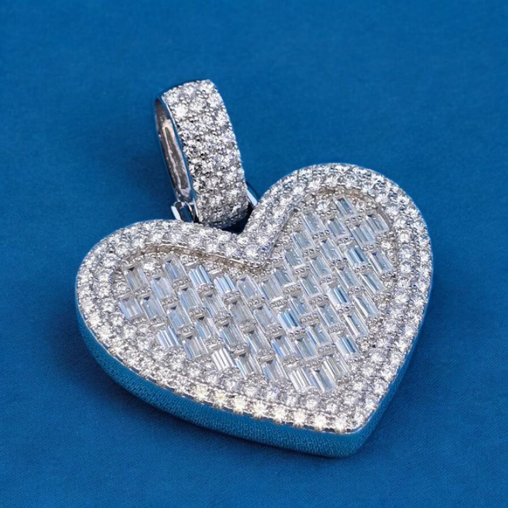 925 Silver Moissanite Baguette Heart Shape Pendant 5.70 CTW at Flawless Jewelry