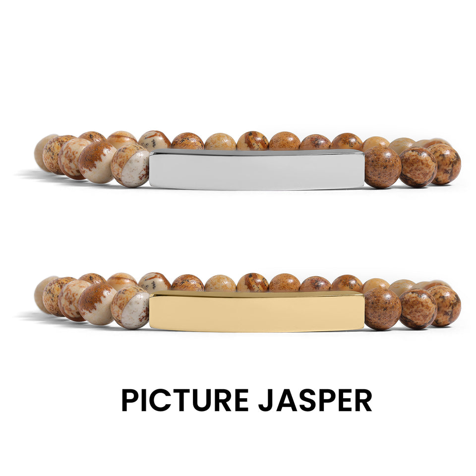 18K Gold PVD Stainless Steel Semi Precious Natural Stone Stretch Curved Bar Bracelet. (Engraved)