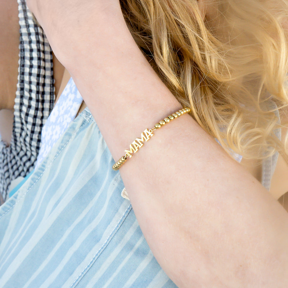 18K Gold PVD Stainless Steel Mama Beaded Bracelet