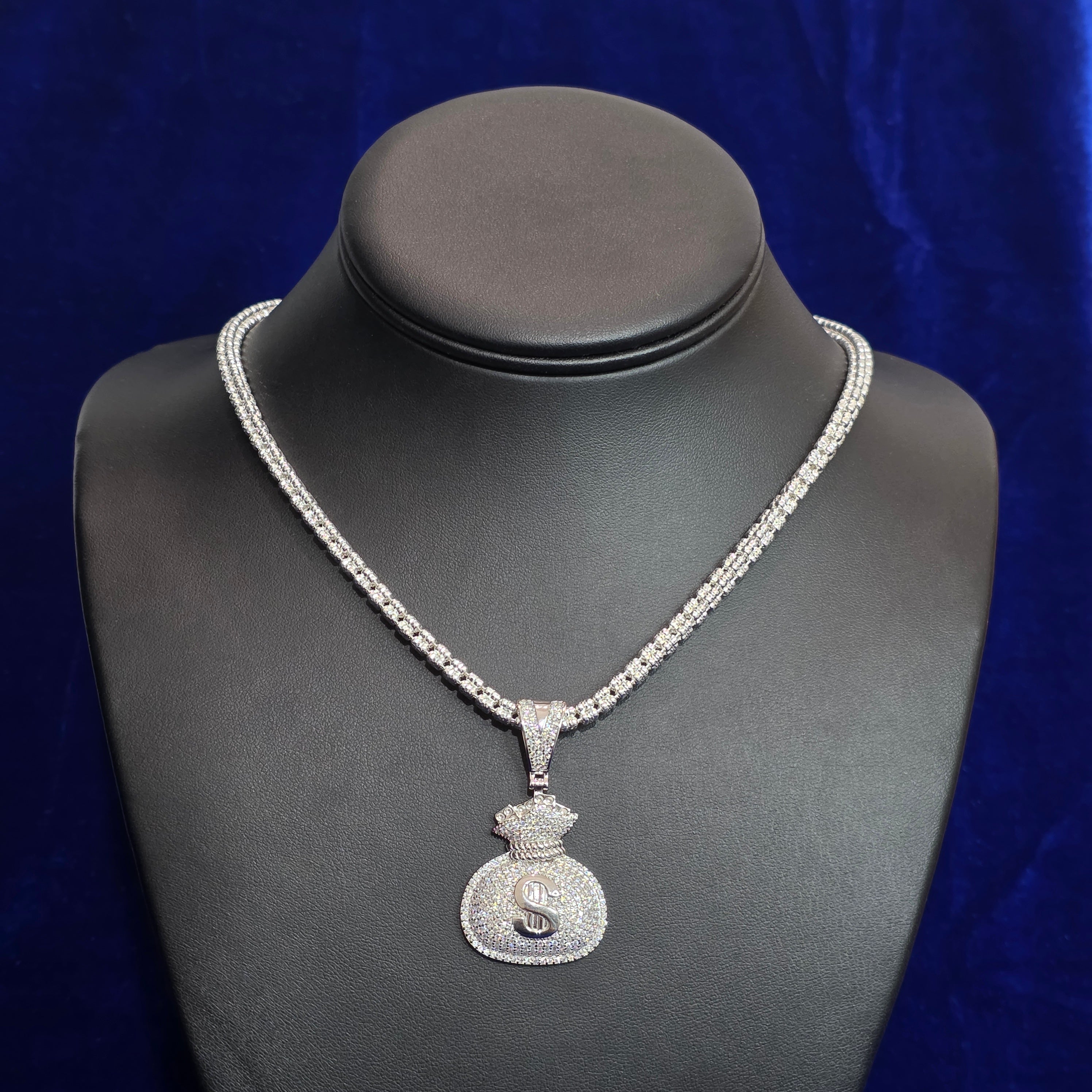 Silver Moissanite Money Bag Pendant with Chain Combo