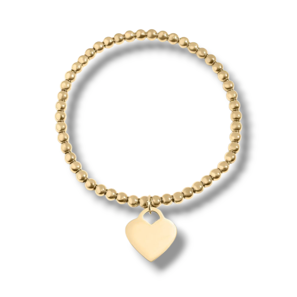 18K Gold PVD Stainless Steel Beaded Heart Stretch Bracelet. (Engraved)
