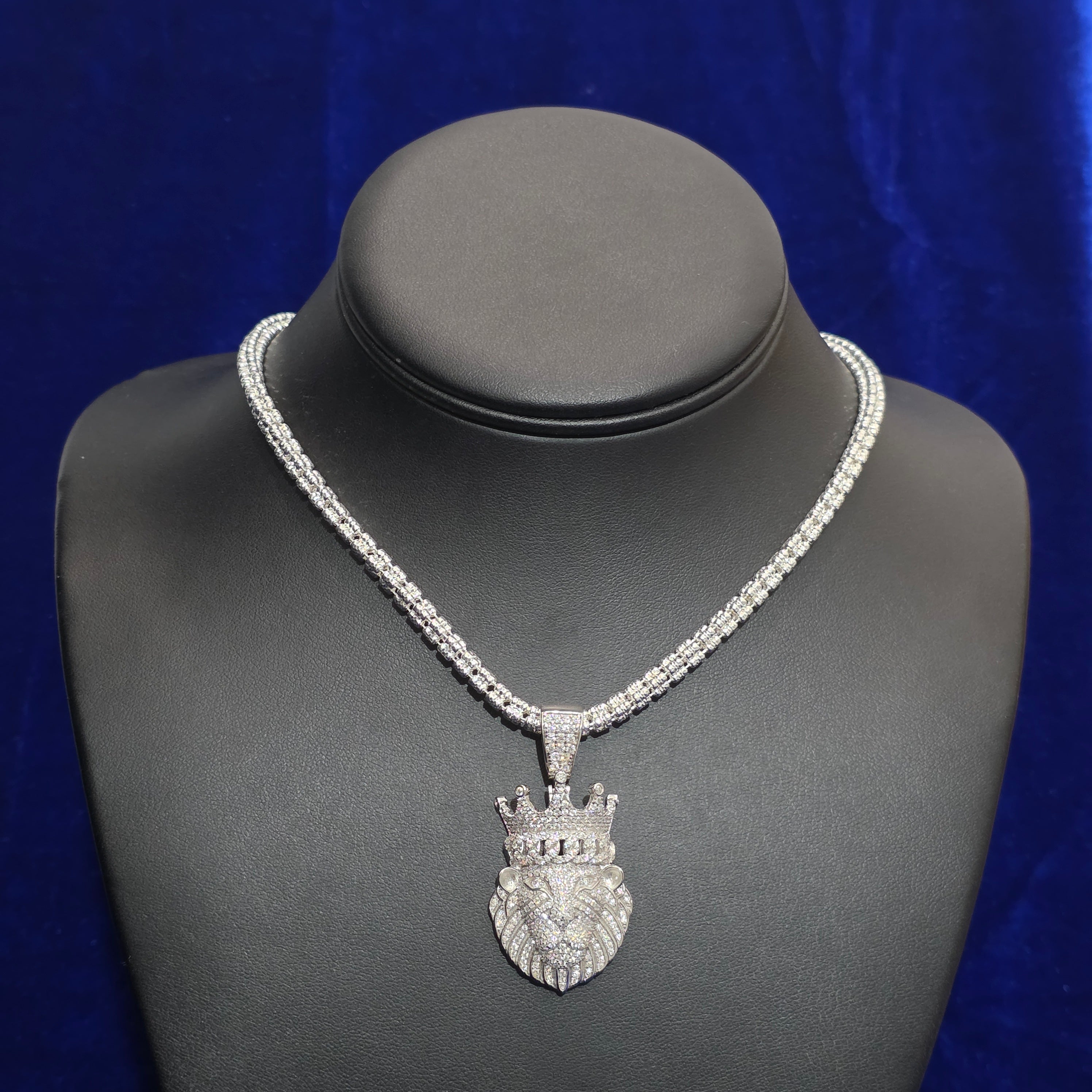 Silver Moissanite Lion Pendant with Chain Combo