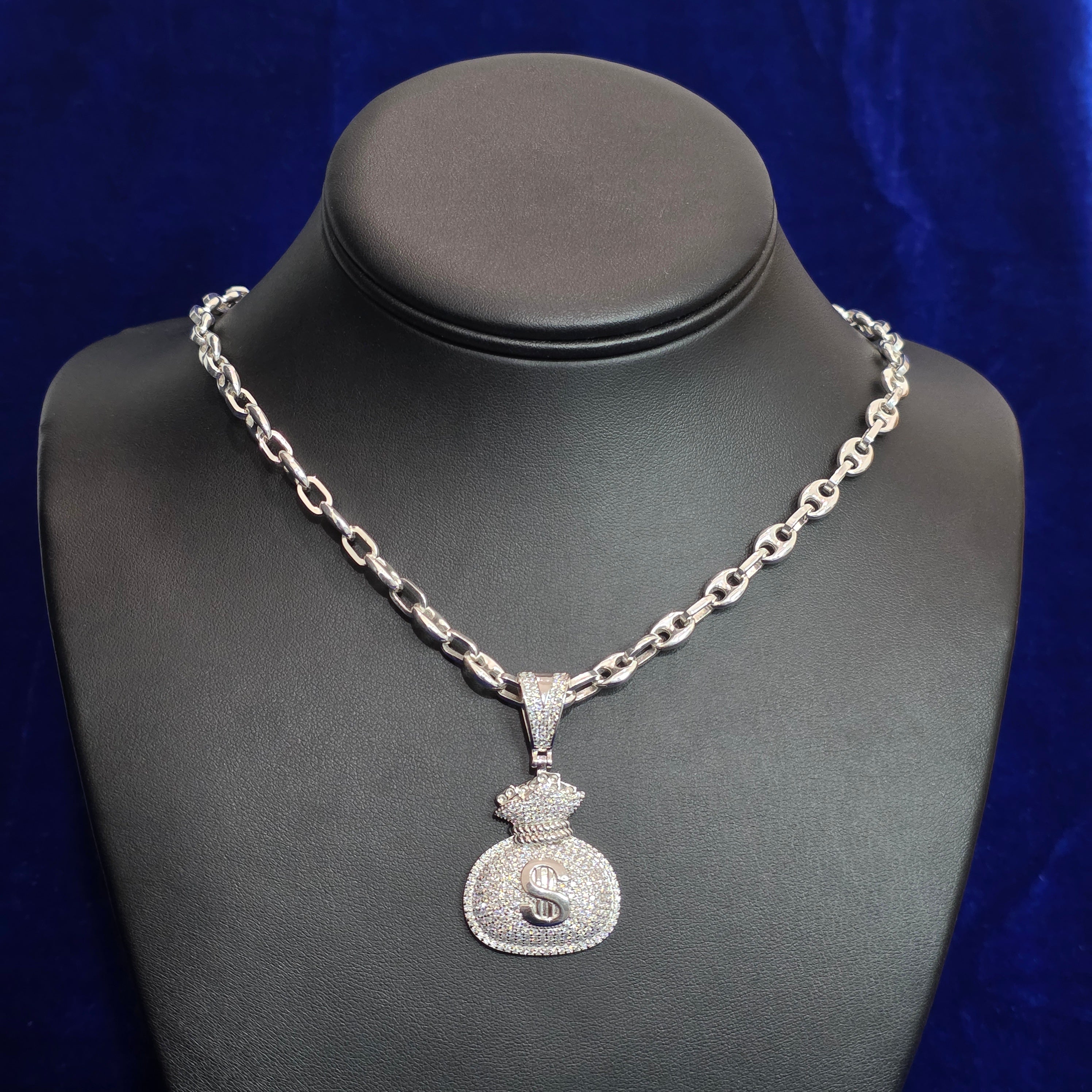 Silver Moissanite Money Bag Pendant with Chain Combo