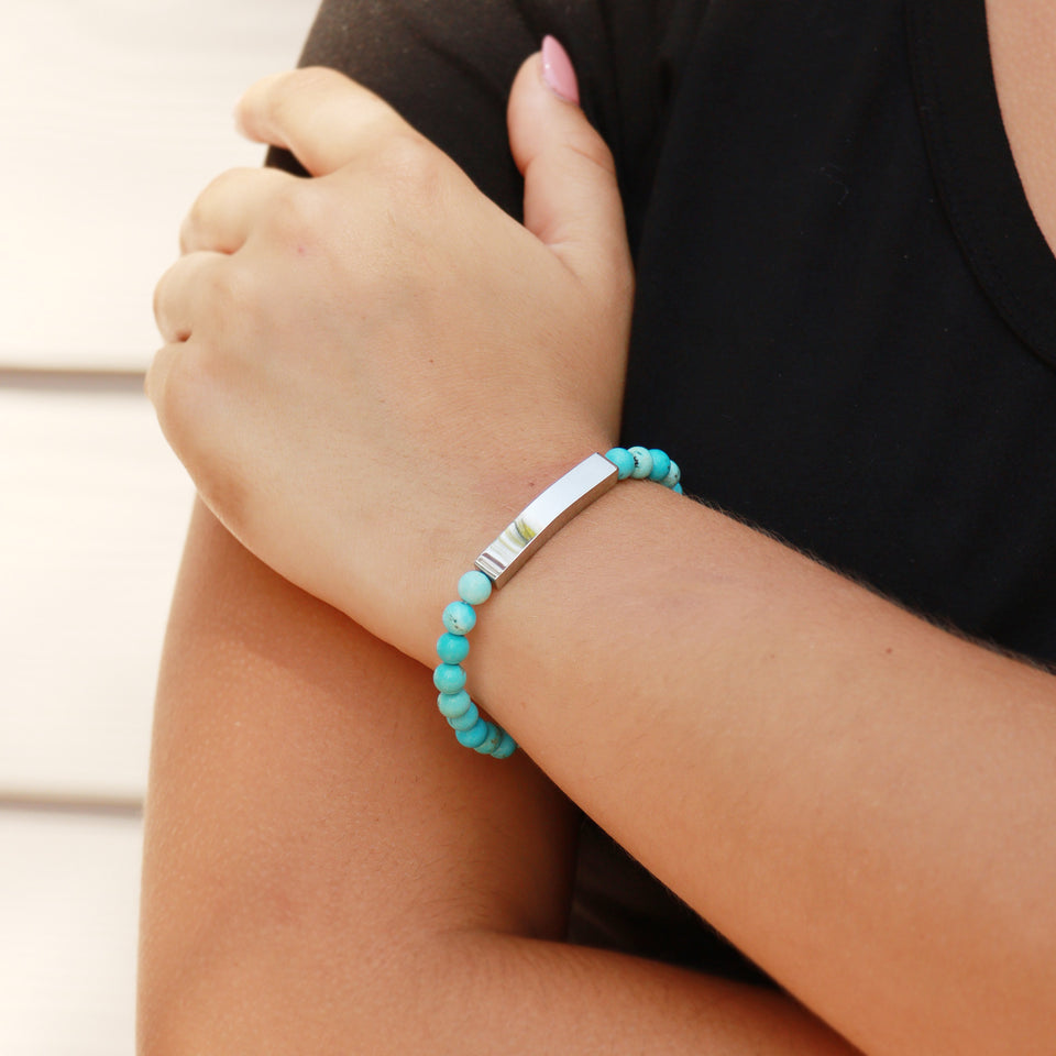 18K Gold PVD Stainless Steel Semi Precious Natural Stone Stretch Curved Bar Bracelet. (Engraved)