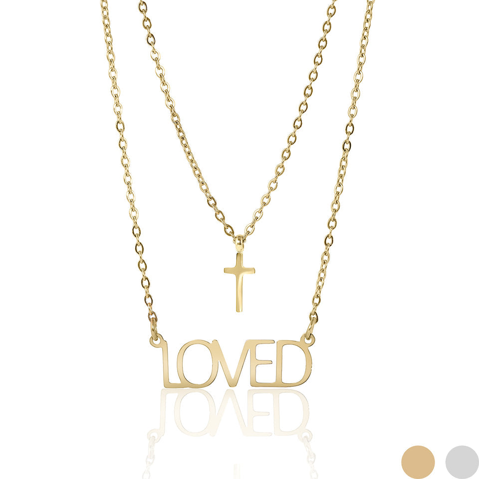 18K Gold PVD Stainless Steel "Loved" Layered Cross Charm Necklace