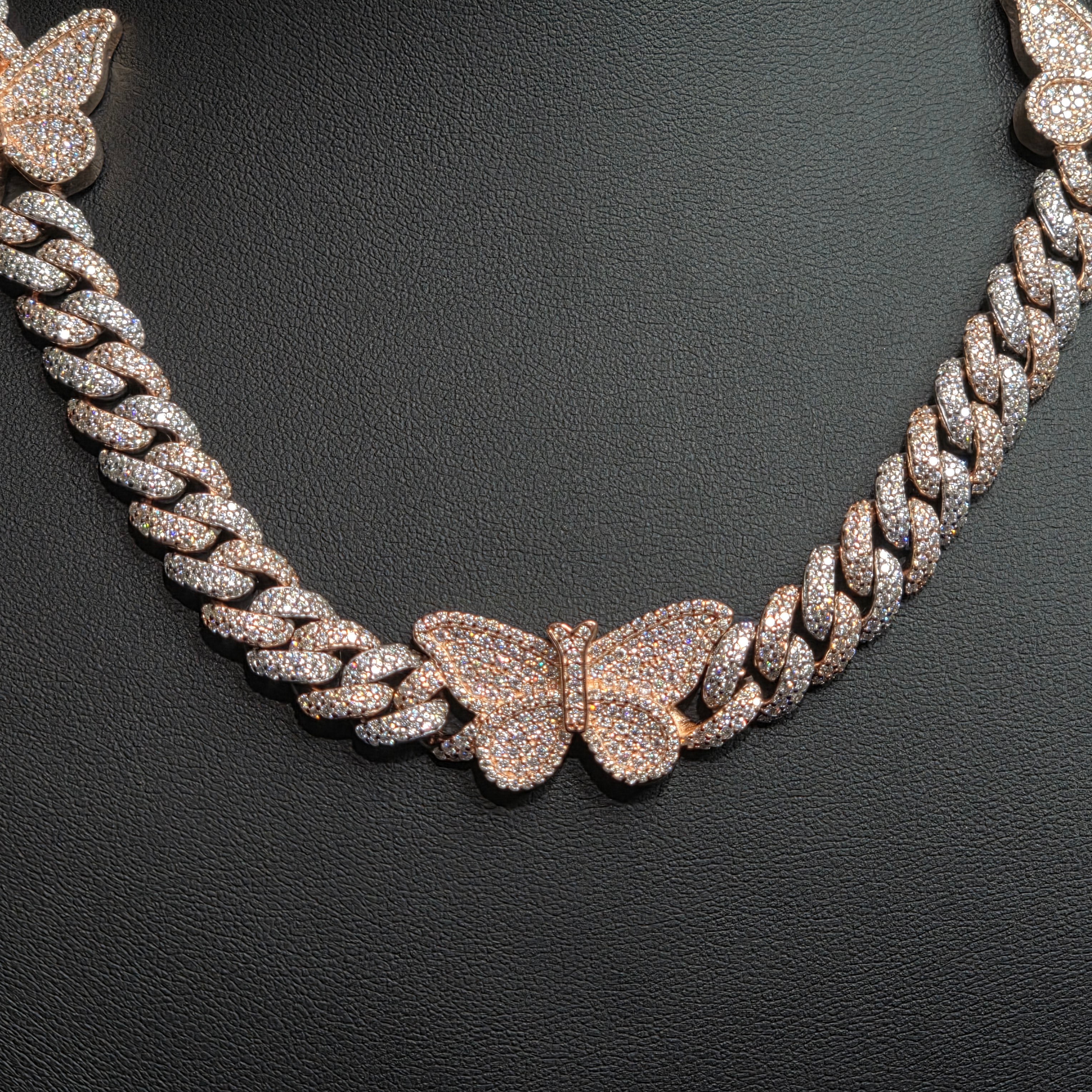 Silver Moissanite Two Tone Butterfly Cuban Necklace at Flawless Jewelry