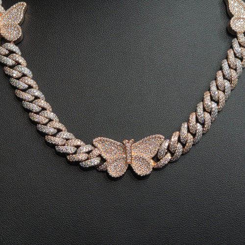 Silver Moissanite Two Tone Butterfly Cuban Necklace at Flawless Jewelry