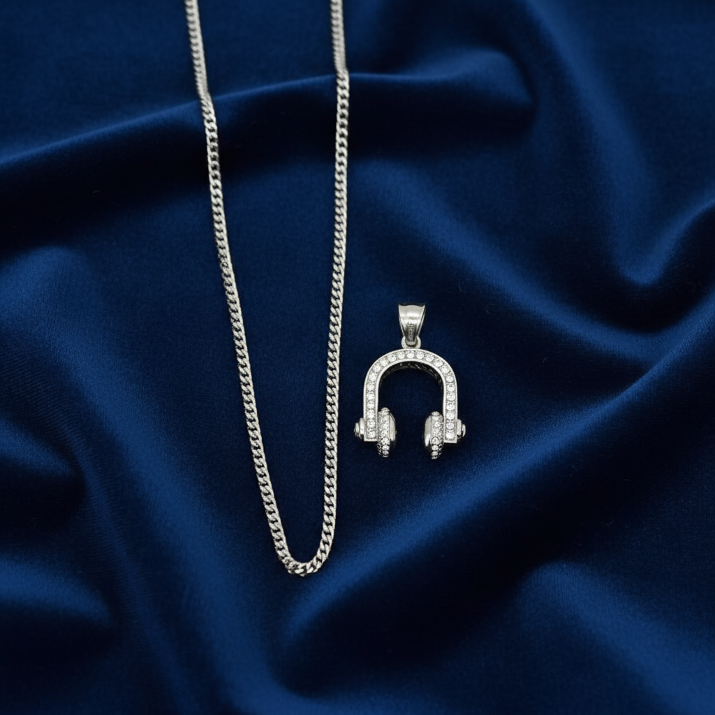 Stainless Steel Headphone Charm and Chain Combo 24" at Flawless Jewelry