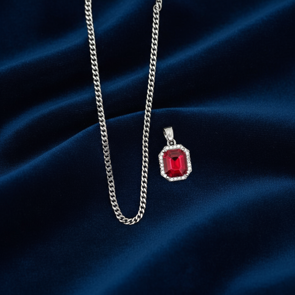 Stainless Steel Ruby Charm with Chain Combo 24" at Flawless Jewelry