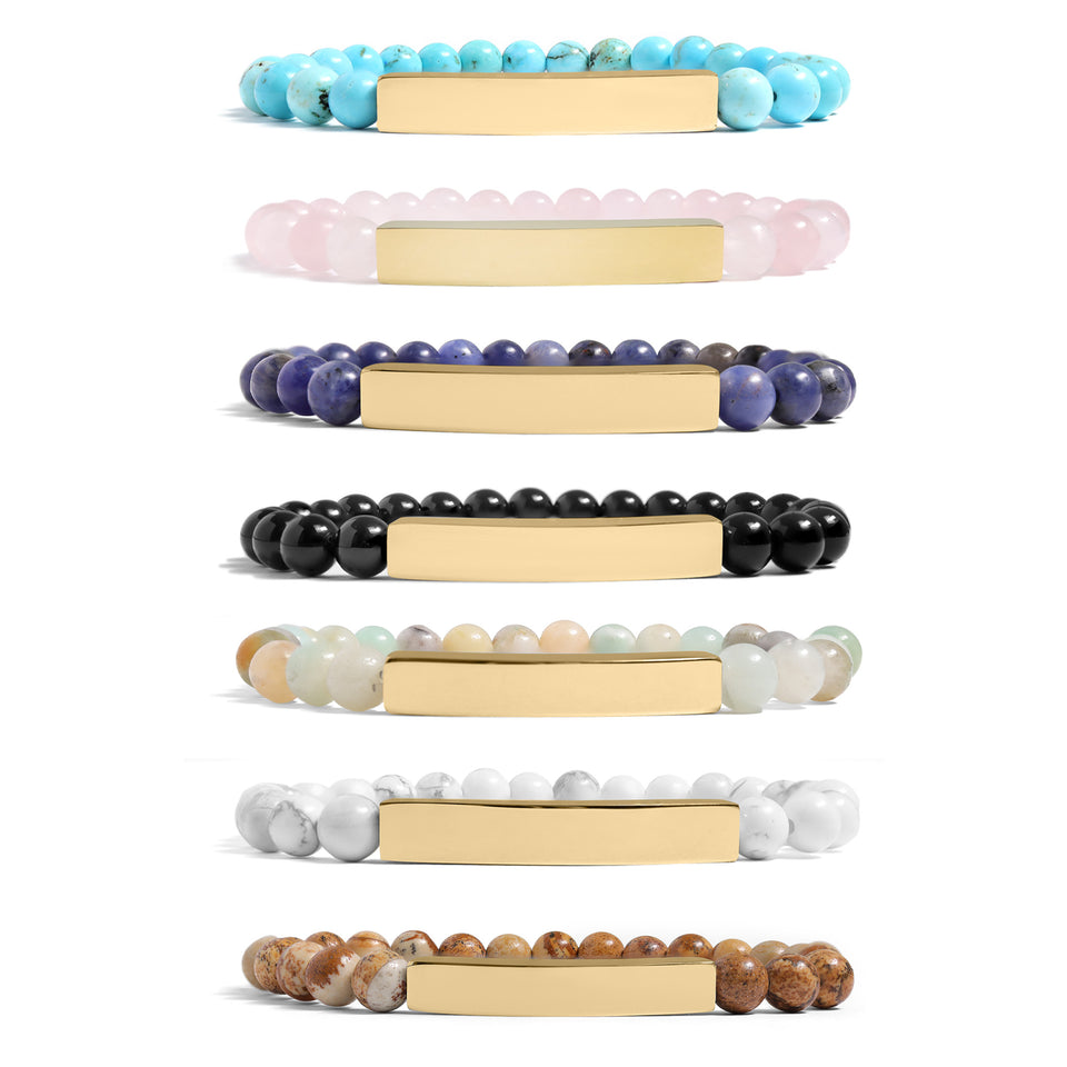 18K Gold PVD Stainless Steel Semi Precious Natural Stone Stretch Curved Bar Bracelet. (Engraved)