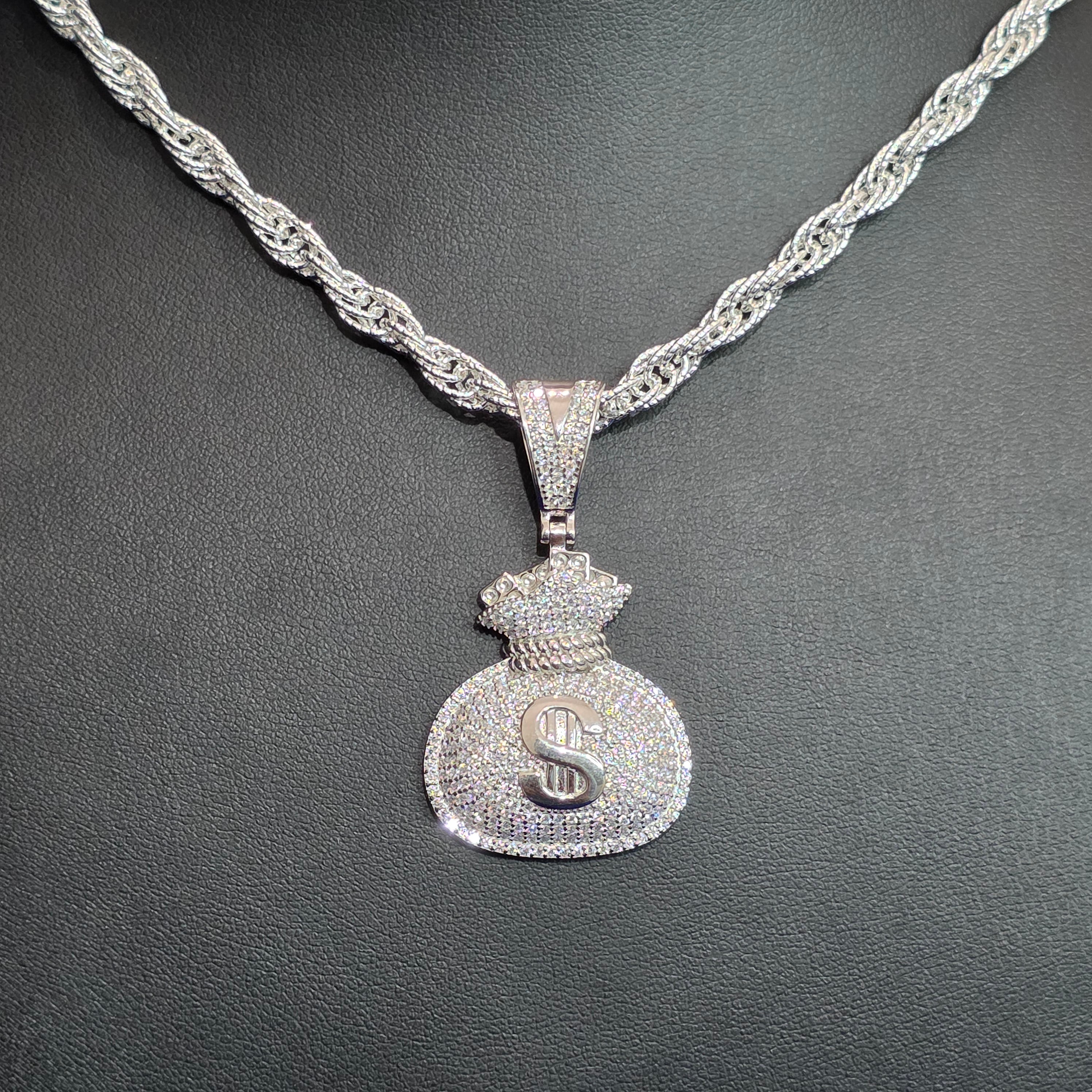 Silver Moissanite Money Bag Pendant with Chain Combo