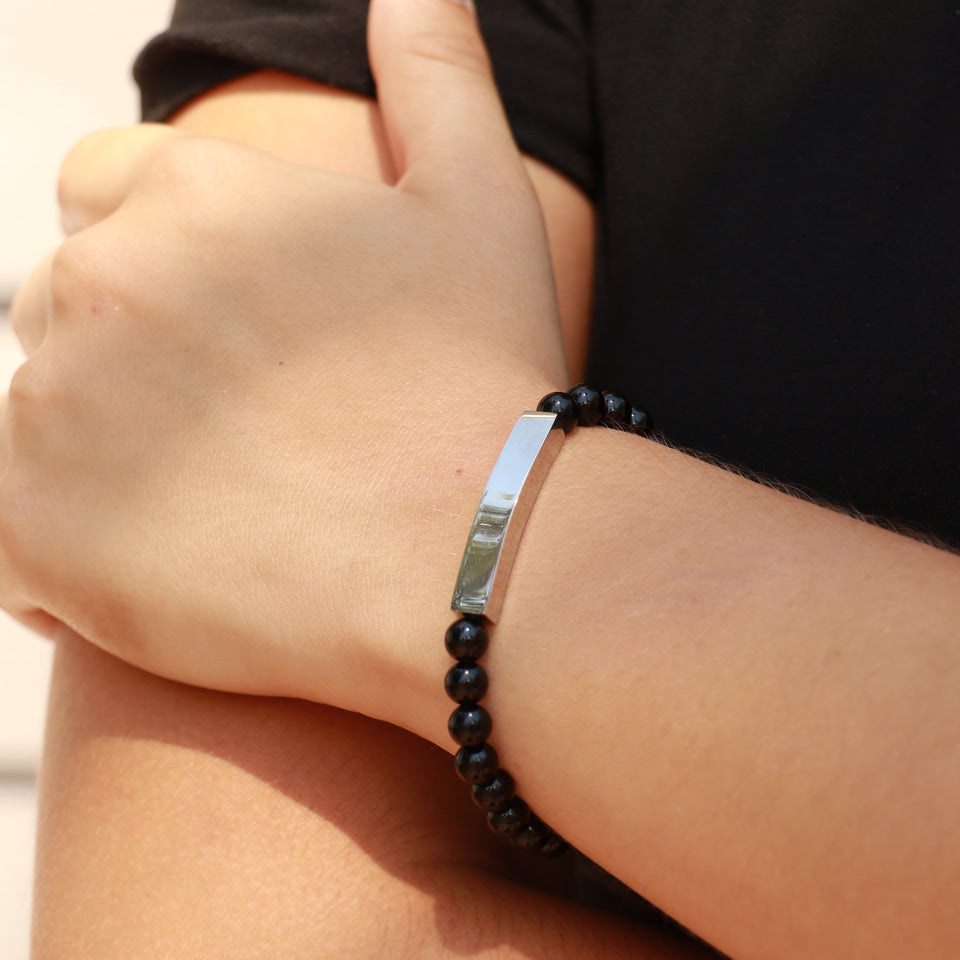 18K Gold PVD Stainless Steel Semi Precious Natural Stone Stretch Curved Bar Bracelet. (Engraved)