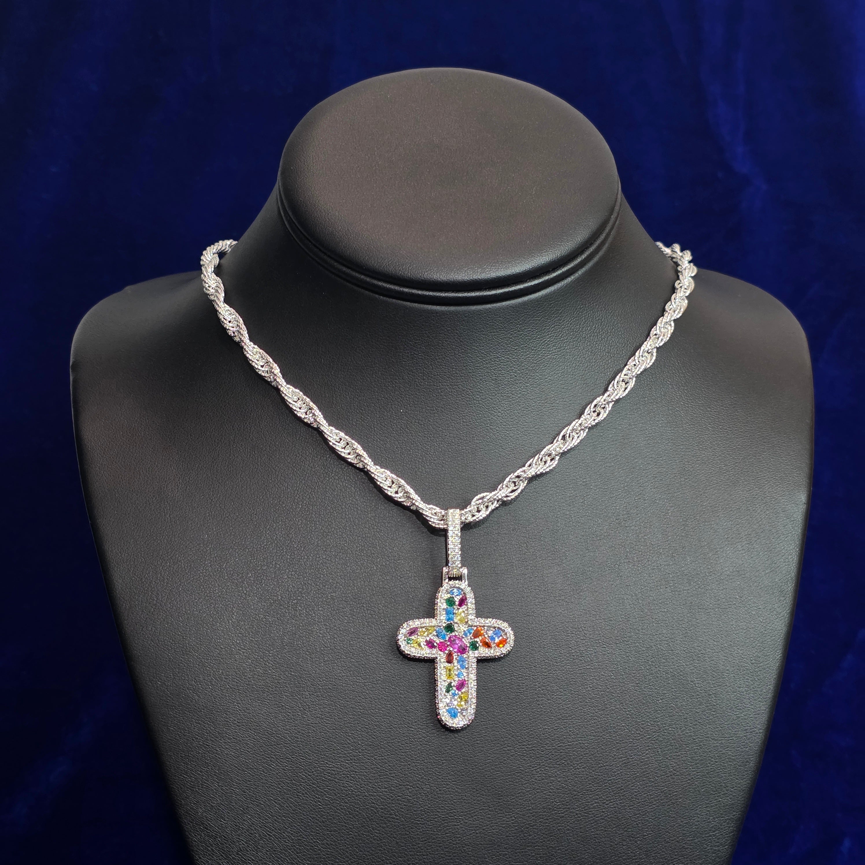 Silver Moissanite Multi Colored Cross Pendant with Chain Combo