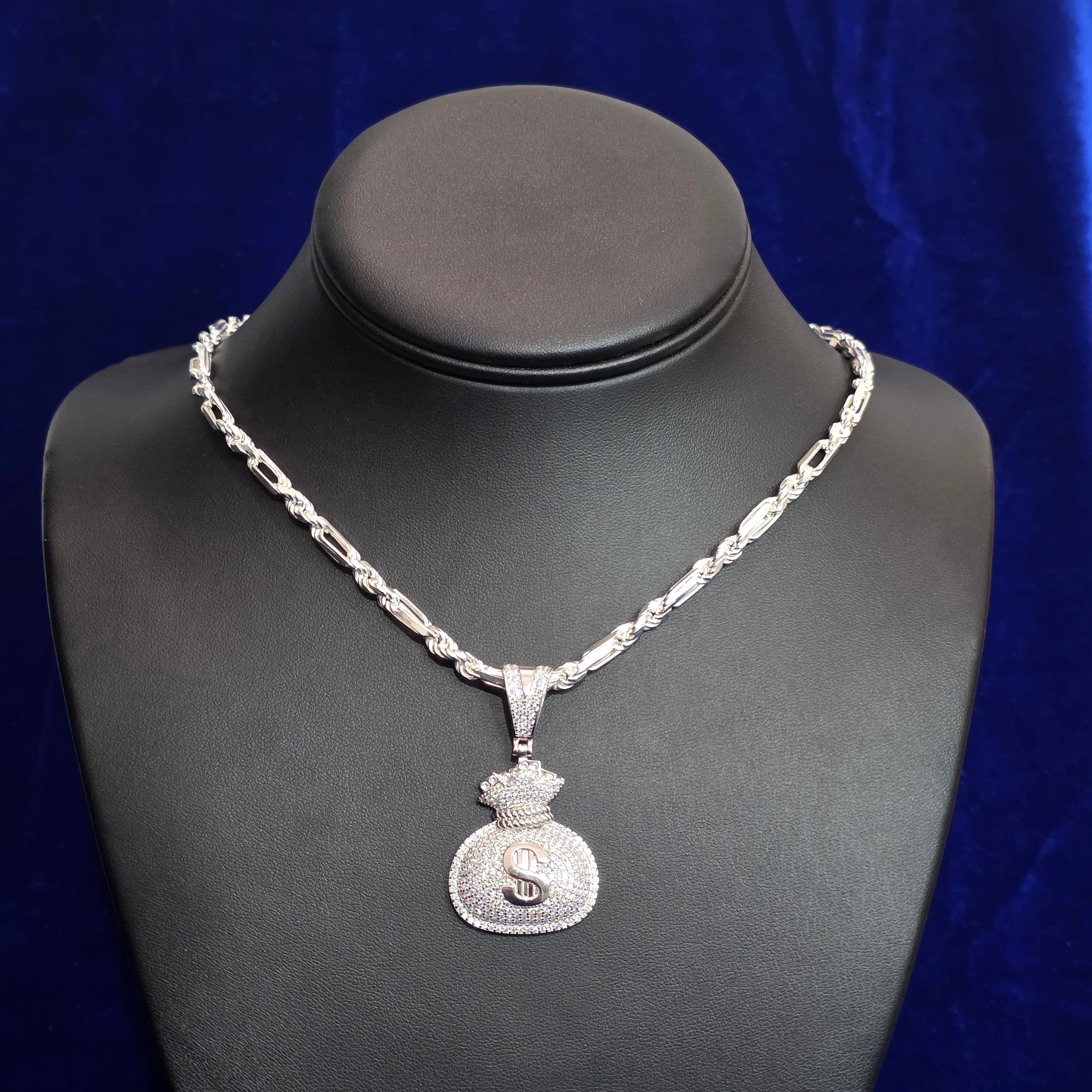 Silver Moissanite Money Bag Pendant with Chain Combo