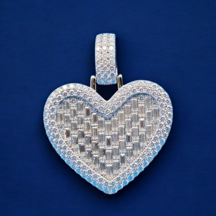 925 Silver Moissanite Baguette Heart Shape Pendant 5.70 CTW at Flawless Jewelry
