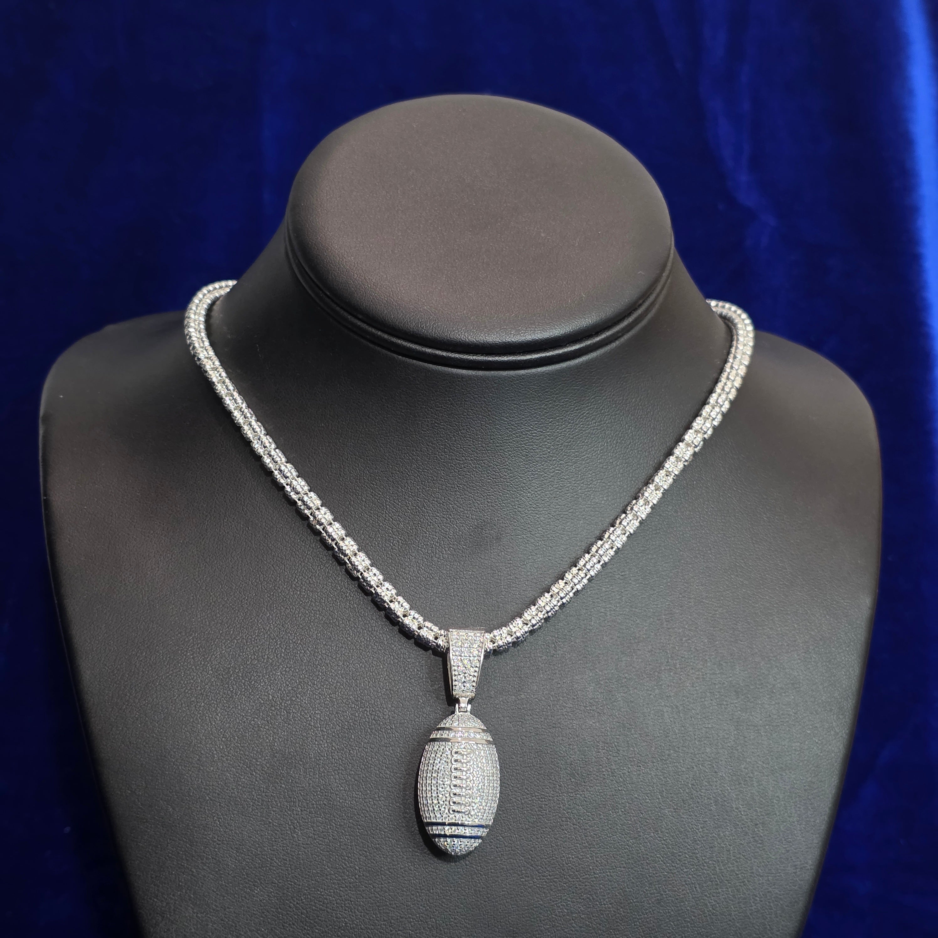 Silver Moissanite Football Pendant with Chain Combo