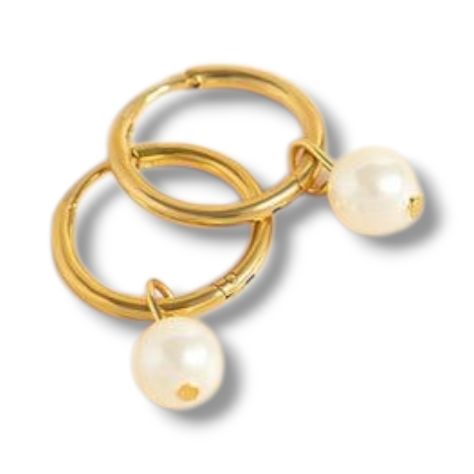 18K Gold PVD Stainless Steel Pearl Charm Huggie Hoop Earrings