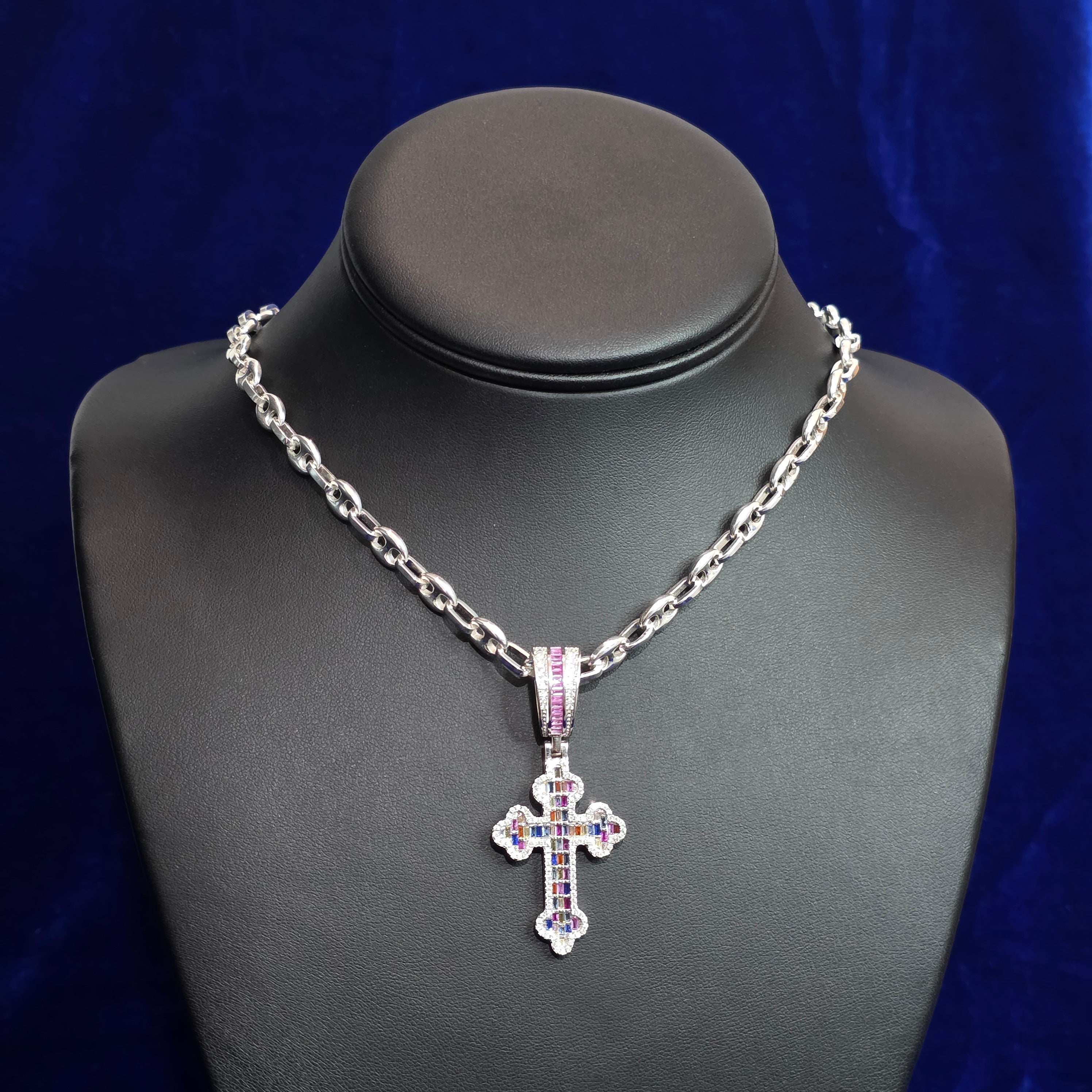 Silver Moissanite Multi Colored Cross Pendant with Chain Combo