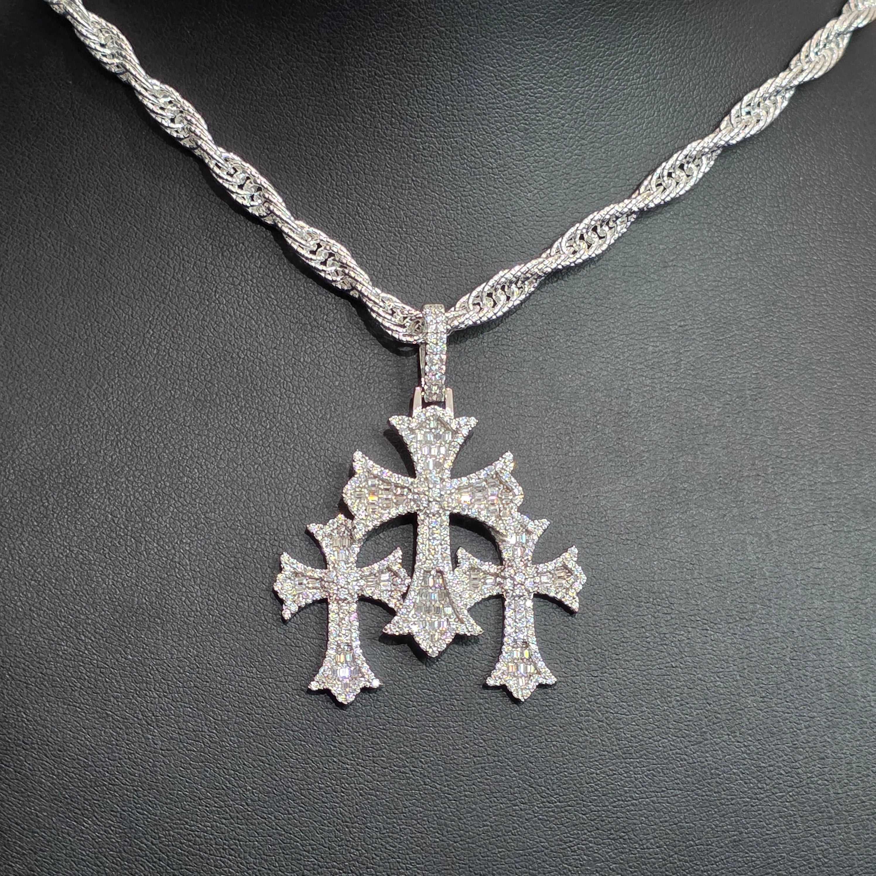Silver Moissanite Three Cross Pendant with Chain Combo
