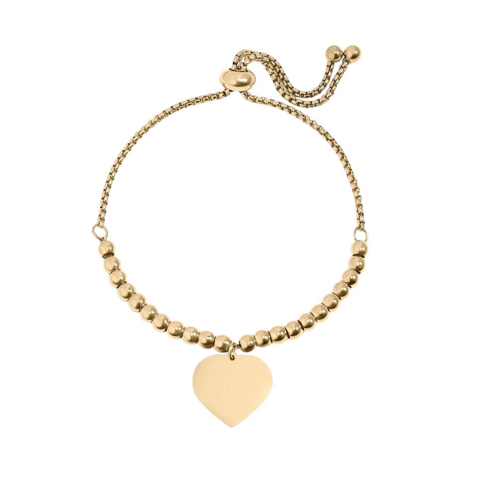 18K Gold PVD Stainless Steel Adjustable Engravable Heart Beaded Bracelet(ENGRAVED)