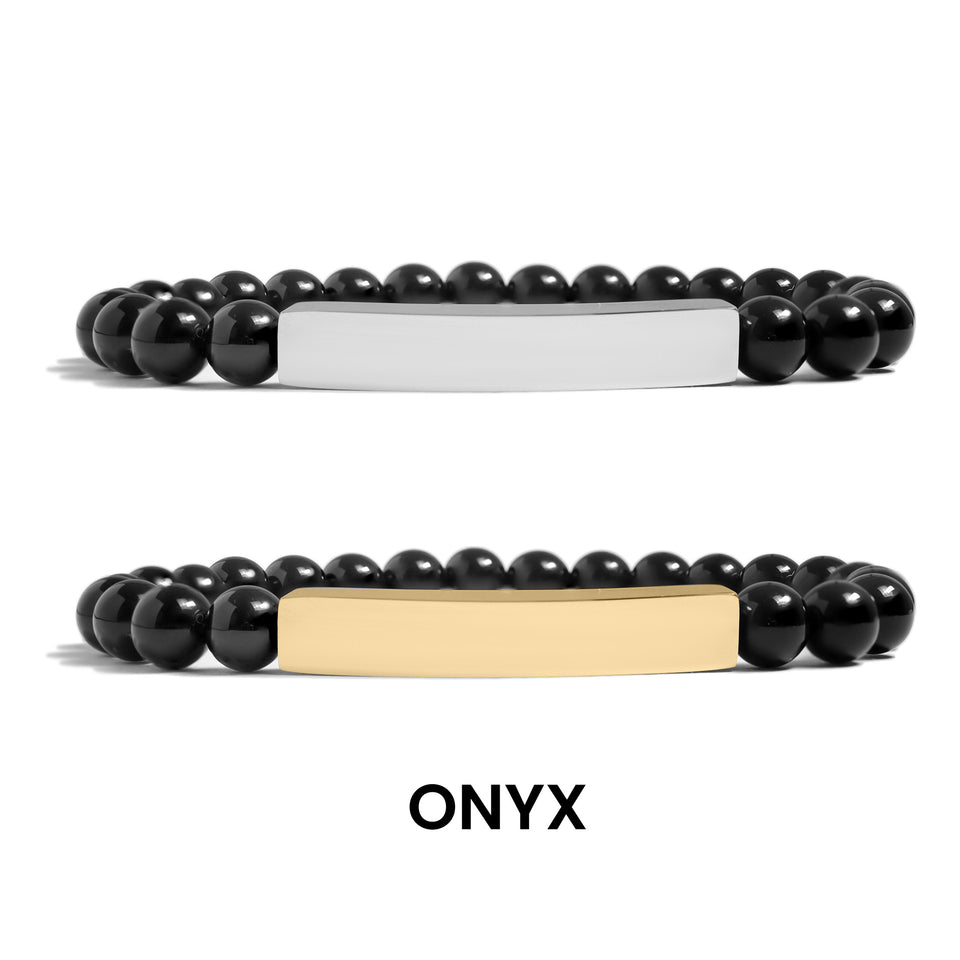 18K Gold PVD Stainless Steel Semi Precious Natural Stone Stretch Curved Bar Bracelet. (Engraved)