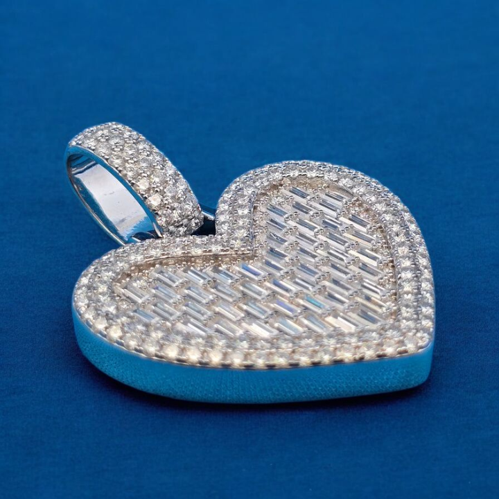 925 Silver Moissanite Baguette Heart Shape Pendant 5.70 CTW at Flawless Jewelry