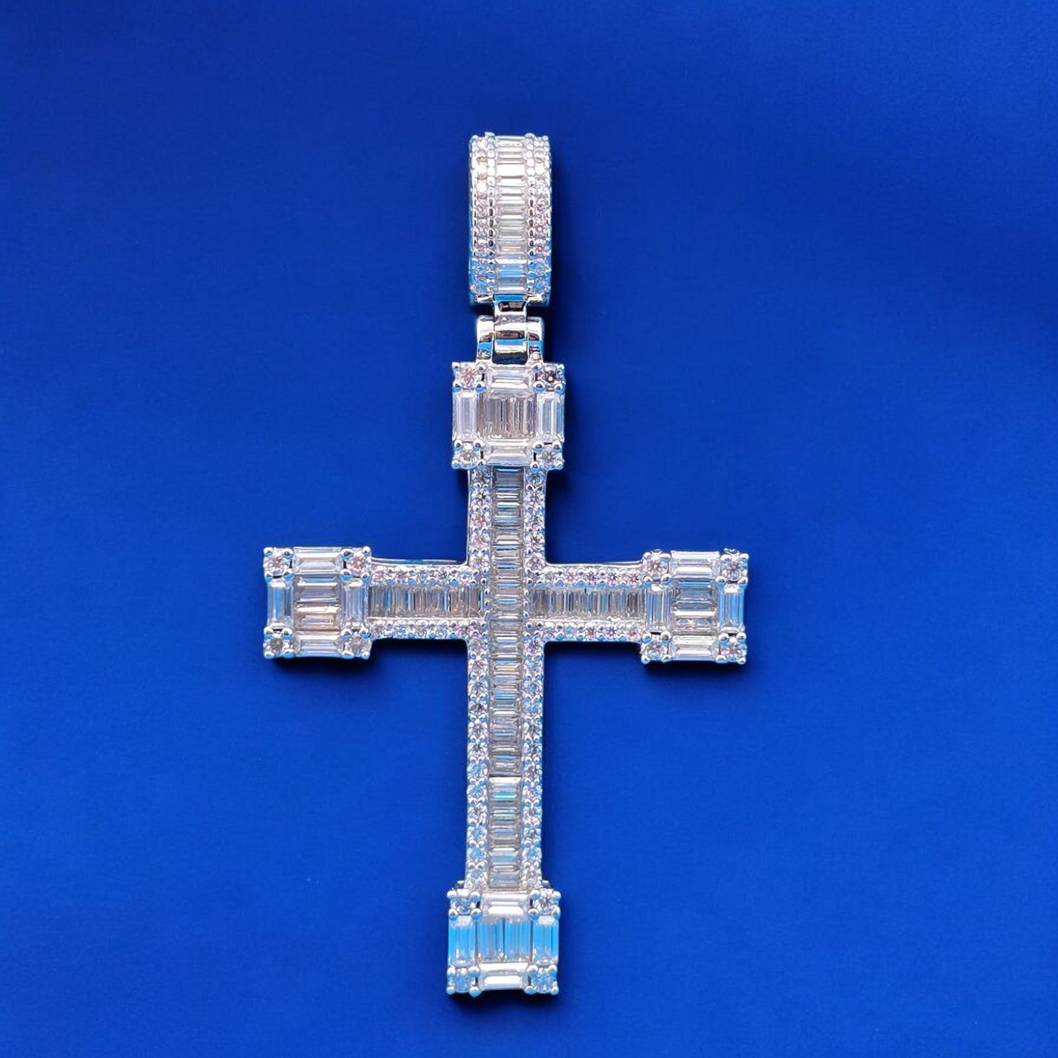 925 Silver Moissanite Baguette Cross pendant 4.45 CTW
