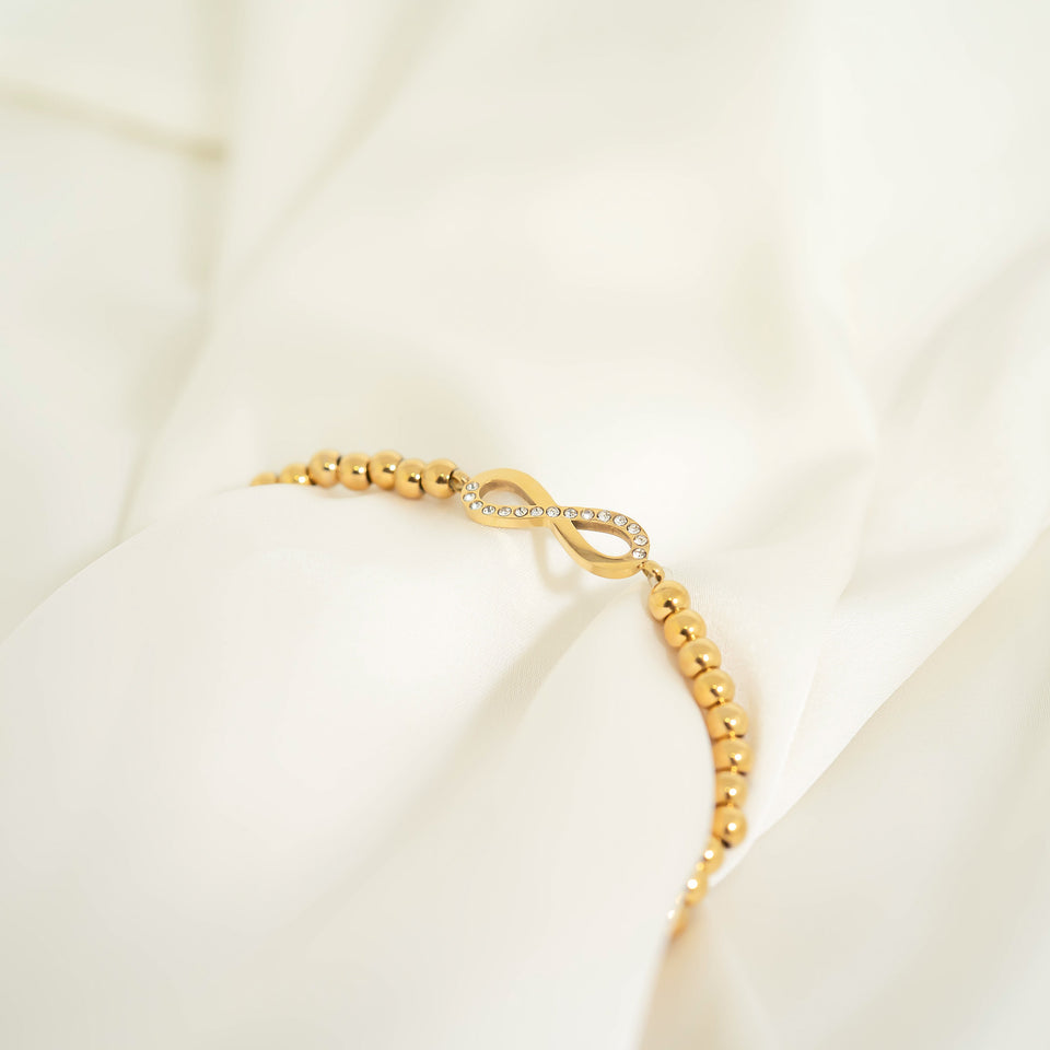 18K Gold PVD Stainless Steel Stone Infinity Sign Metal Beaded Stretch Bracelet
